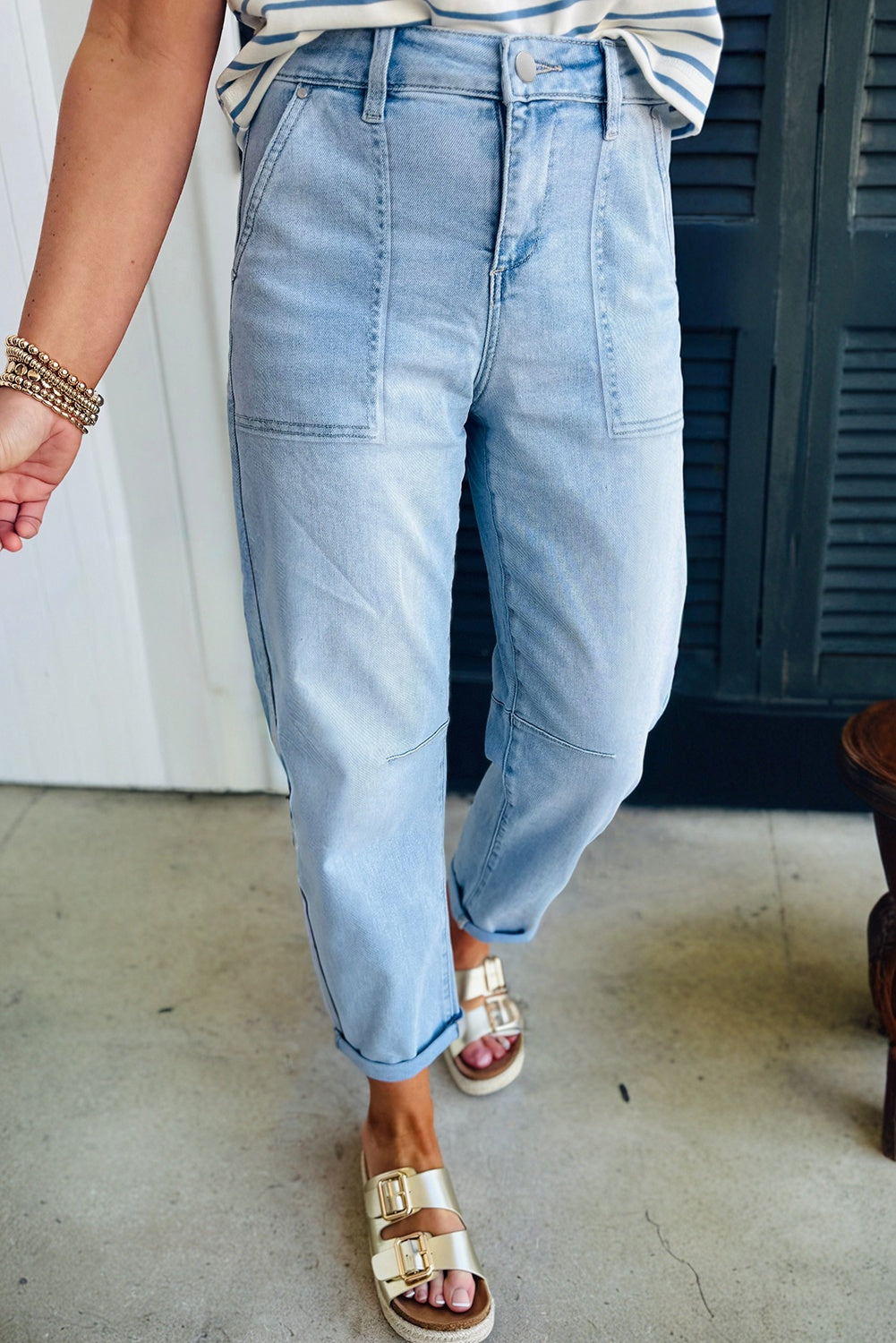 Beau Blue High Rise Barrel Relaxed Patch Pocket Jeans-Bottoms/Jeans-[Adult]-[Female]-2022 Online Blue Zone Planet
