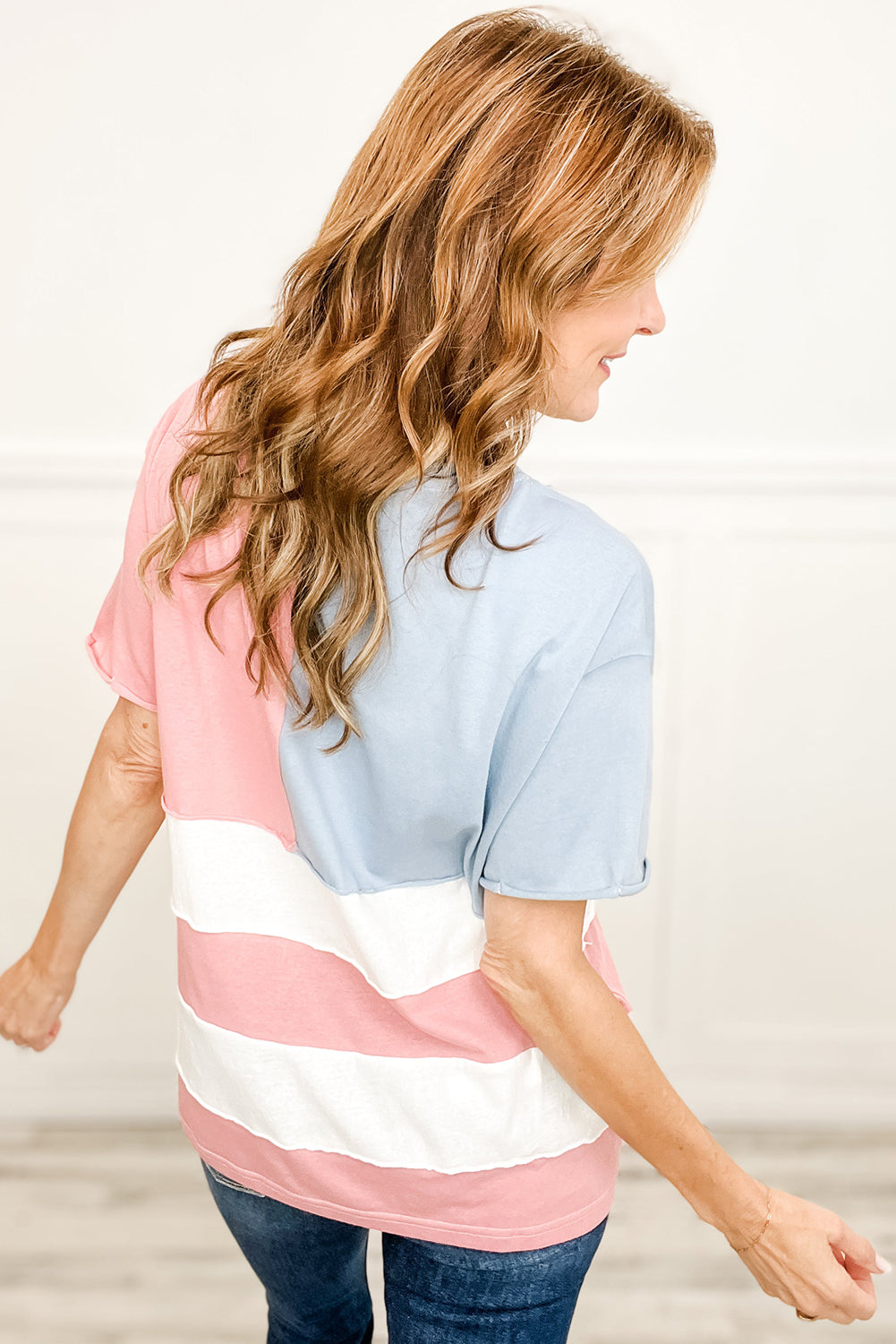 Pink Stars and Stripes Printed Crewneck Independence Day T Shirt-Tops/Tops & Tees-[Adult]-[Female]-2022 Online Blue Zone Planet