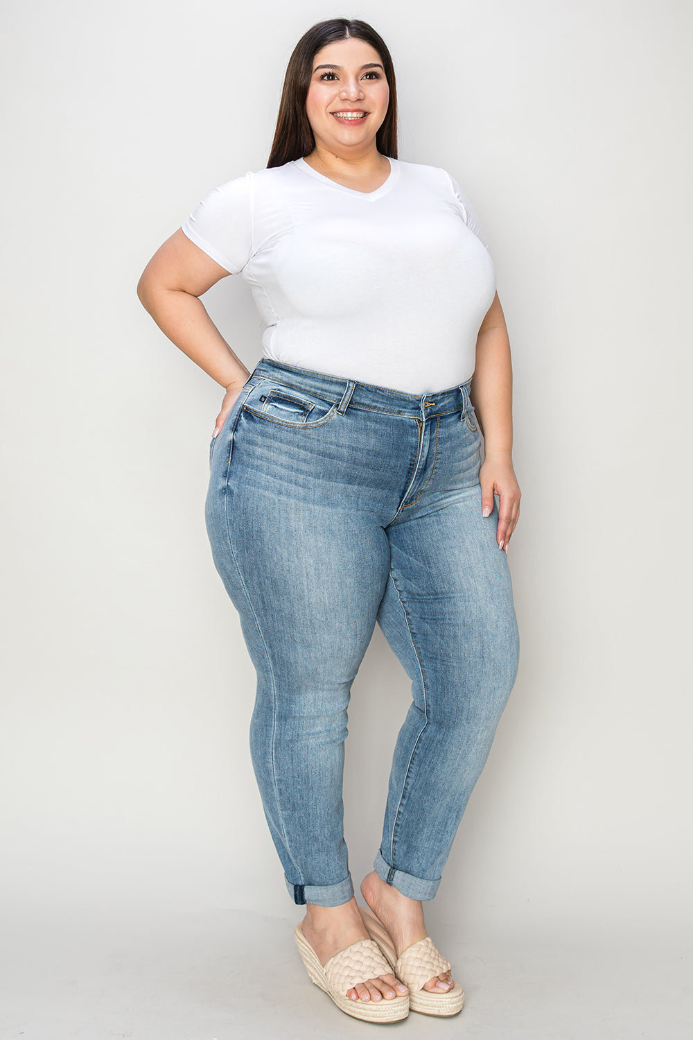 Judy Blue Full Size Cuffed Hem Slim Jeans-BOTTOMS SIZES SMALL MEDIUM LARGE-[Adult]-[Female]-2022 Online Blue Zone Planet