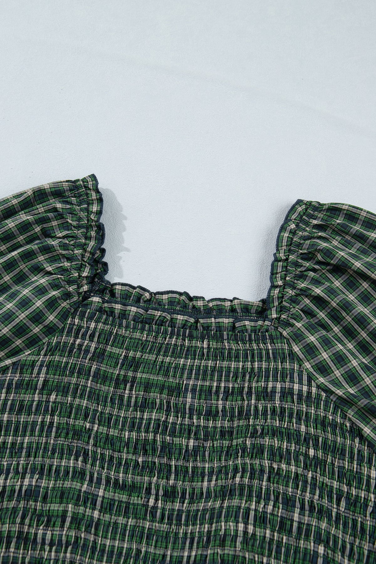 Green Plaid Square Neck Shirred High Waist Ruffle Hem Dress-TOPS / DRESSES-[Adult]-[Female]-2022 Online Blue Zone Planet
