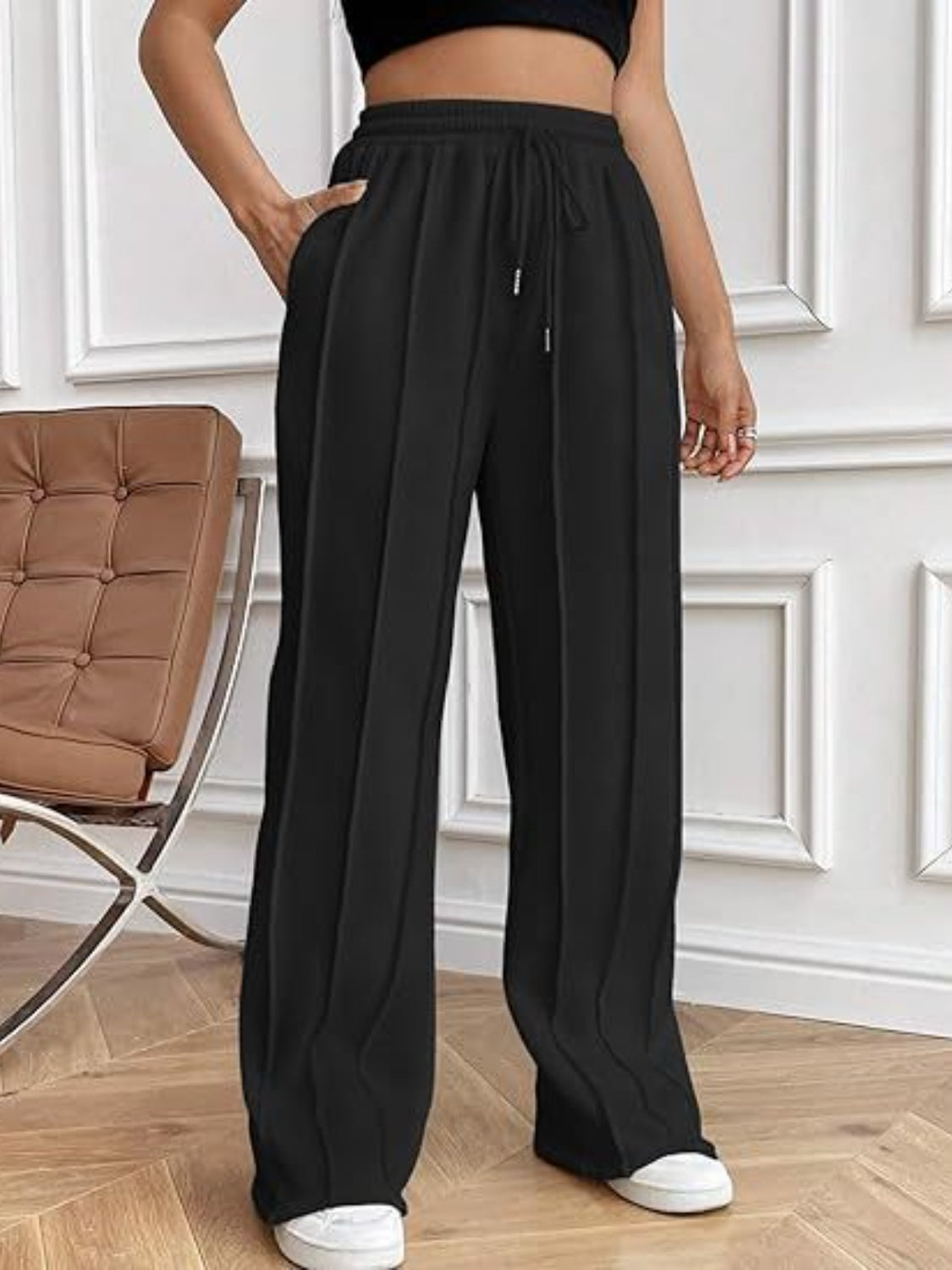 Blue Zone Planet | Drawstring Wide Leg Pants with Pockets-TOPS / DRESSES-[Adult]-[Female]-Black-S-2022 Online Blue Zone Planet