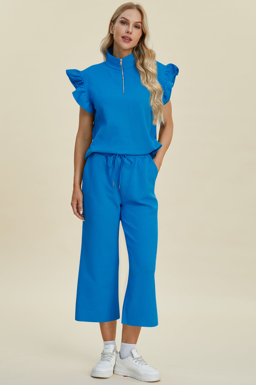 Double Take Full Size Texture Ruffle Short Sleeve Top and Wide Leg Pants Set-TOPS / DRESSES-[Adult]-[Female]-Sky Blue-S-2022 Online Blue Zone Planet