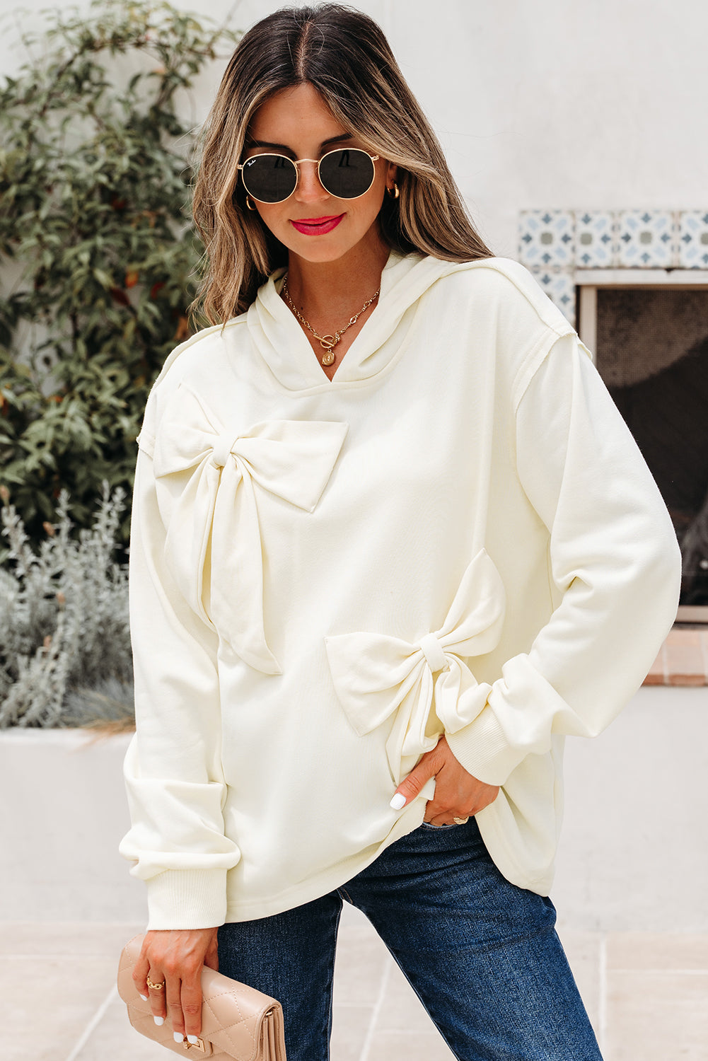 White Solid Color Cute Bow Detail Loose Hoodie-Tops / Dresses-[Adult]-[Female]-2022 Online Blue Zone Planet