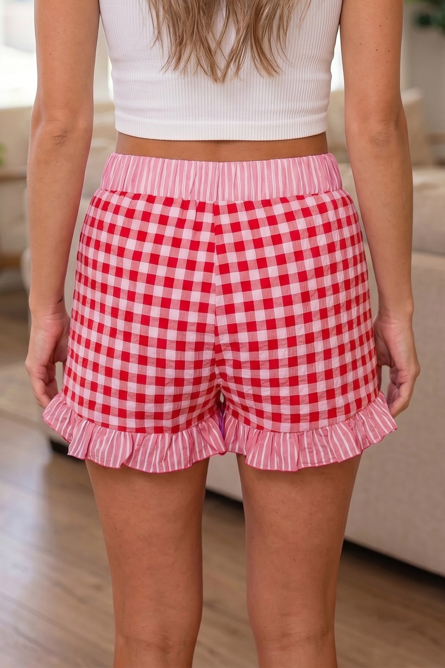 Red Gingham Print Ruffle Striped Detail Lace Tie Shorts-Bottoms/Casual Shorts-[Adult]-[Female]-2022 Online Blue Zone Planet