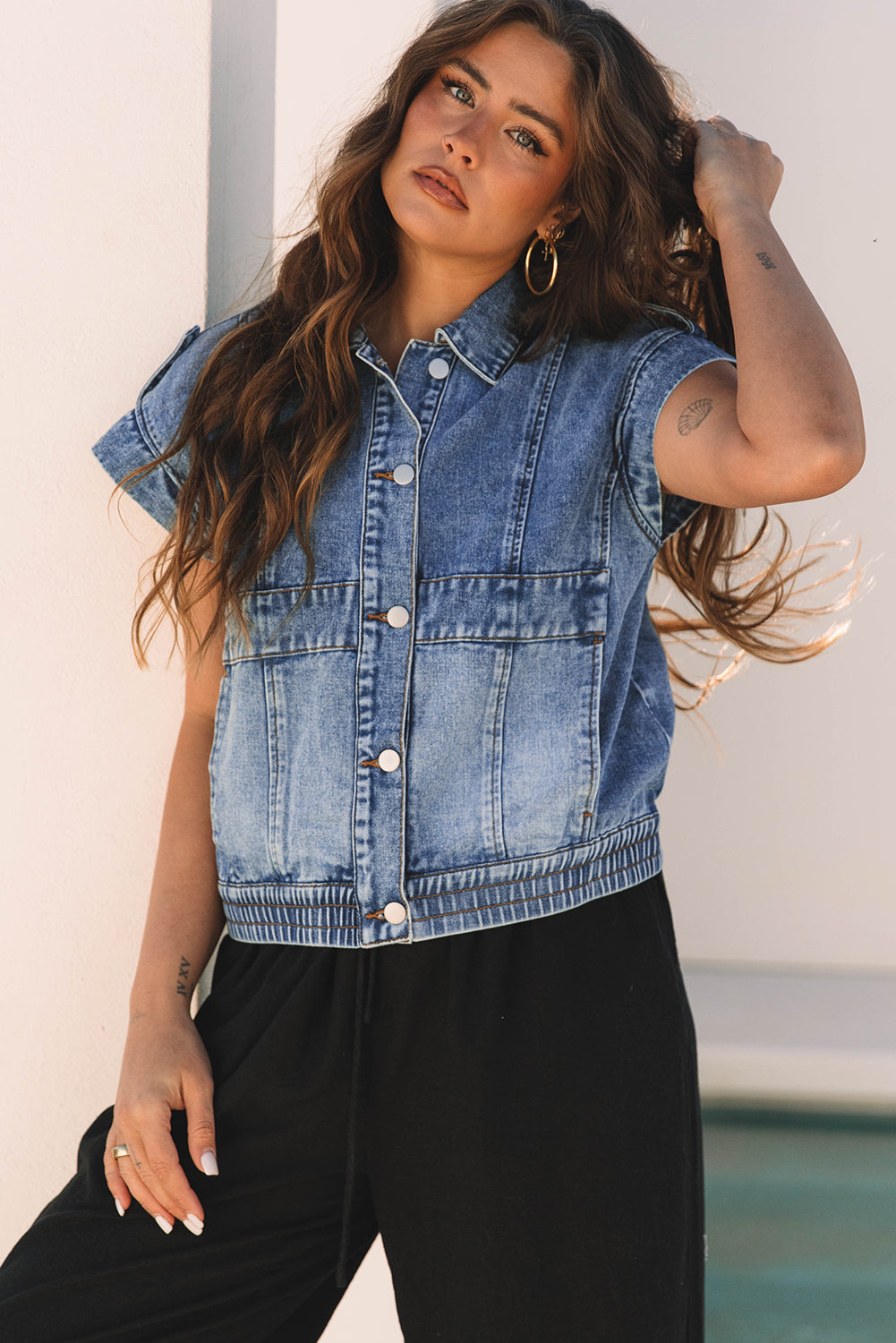 Ashleigh Blue Acid Wash Elastic Hem Button Up Denim Vest-Outerwear/Vests-[Adult]-[Female]-2022 Online Blue Zone Planet