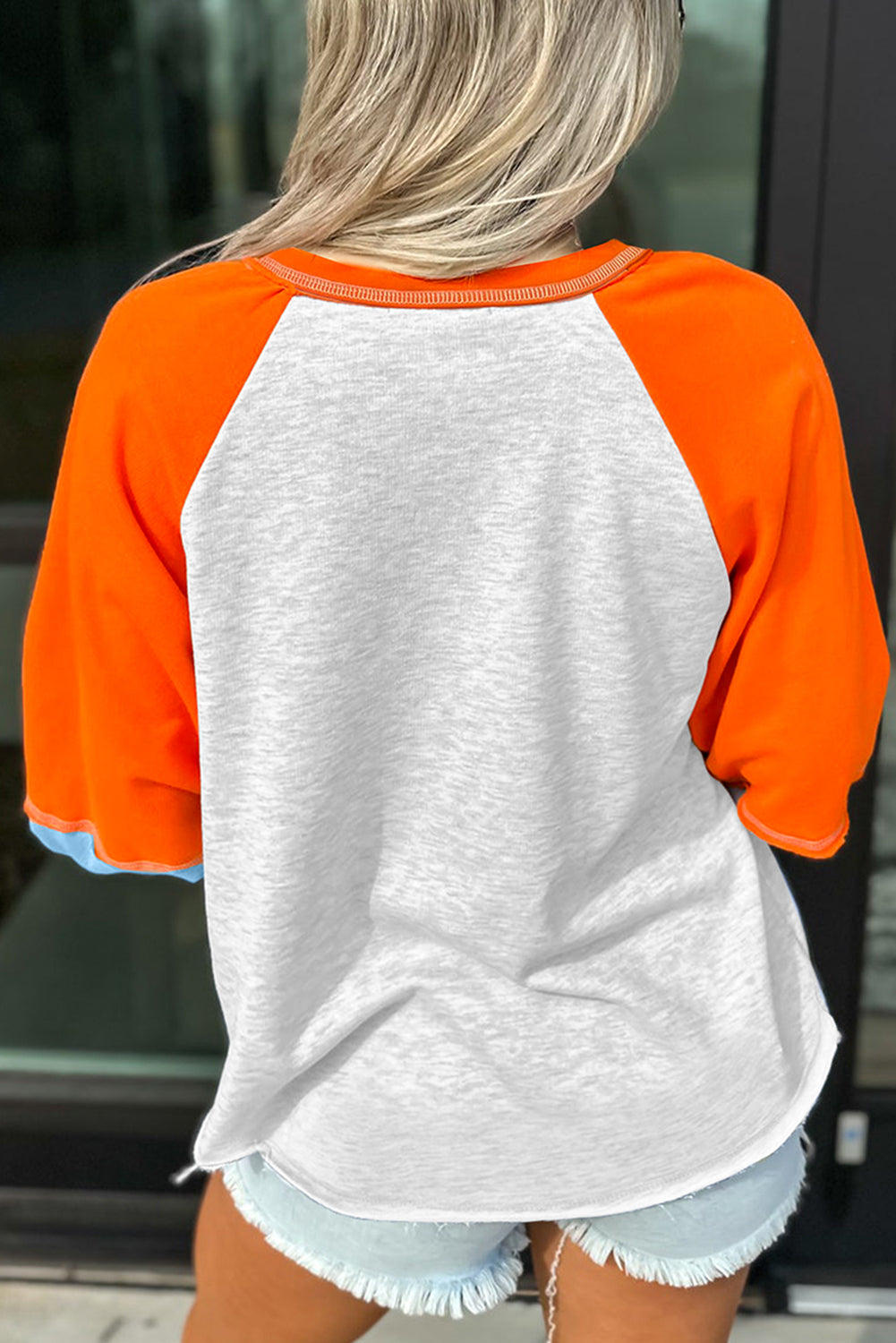 Light Grey HELLO PUMPKIN Patched Graphic Colorblock Bubble Sleeve Raglan Top-Graphic/Graphic Long Sleeve Tees-[Adult]-[Female]-2022 Online Blue Zone Planet