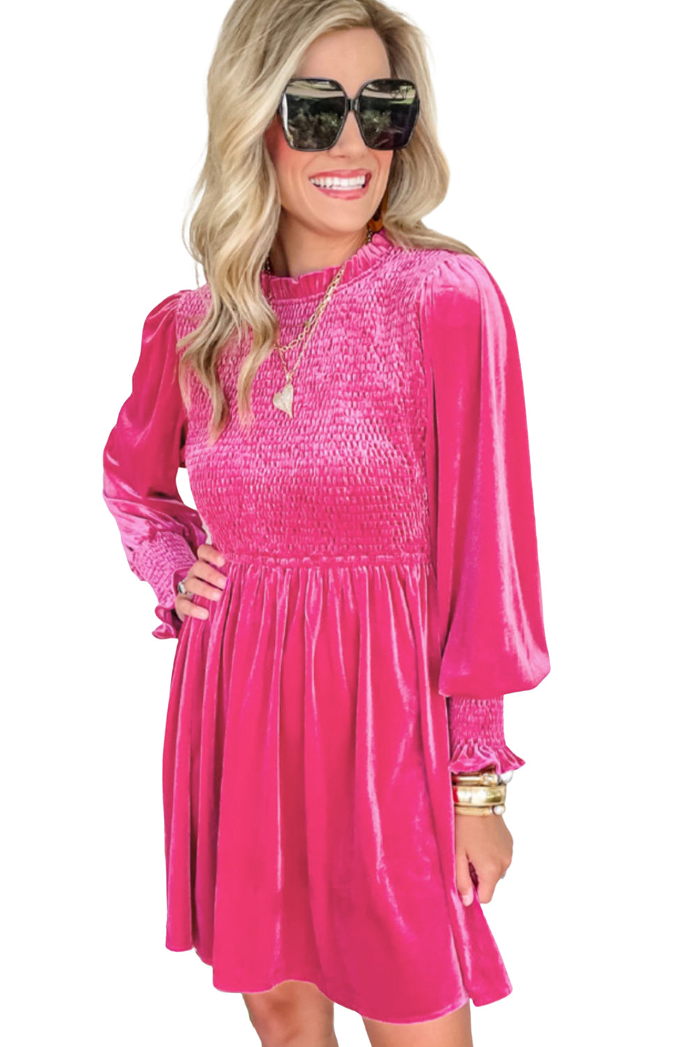 Blue Zone Planet | Red Smocked Lantern Sleeve Frilled Velvet Dress-TOPS / DRESSES-[Adult]-[Female]-2022 Online Blue Zone Planet