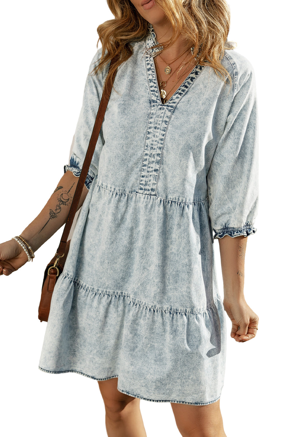 Blue Zone Planet |  Dusk Blue Acid Wash Retro Half Sleeve Flared Denim Dress Blue Zone Planet