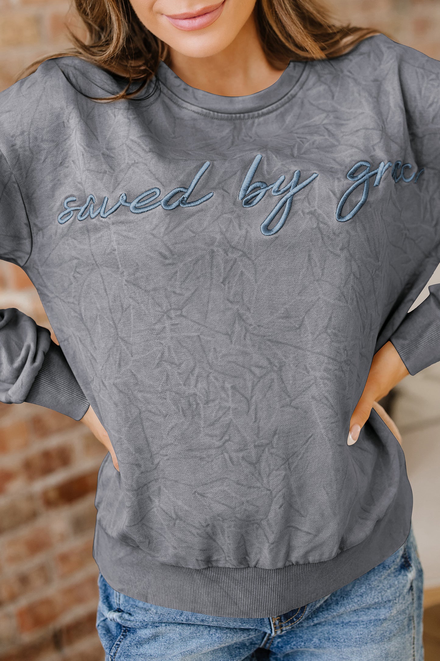 High-Rise Saved By Grace Letter Embroidery Mineral Wash Loose Sweatshirt-Tops/Sweatshirts & Hoodies-[Adult]-[Female]-2022 Online Blue Zone Planet