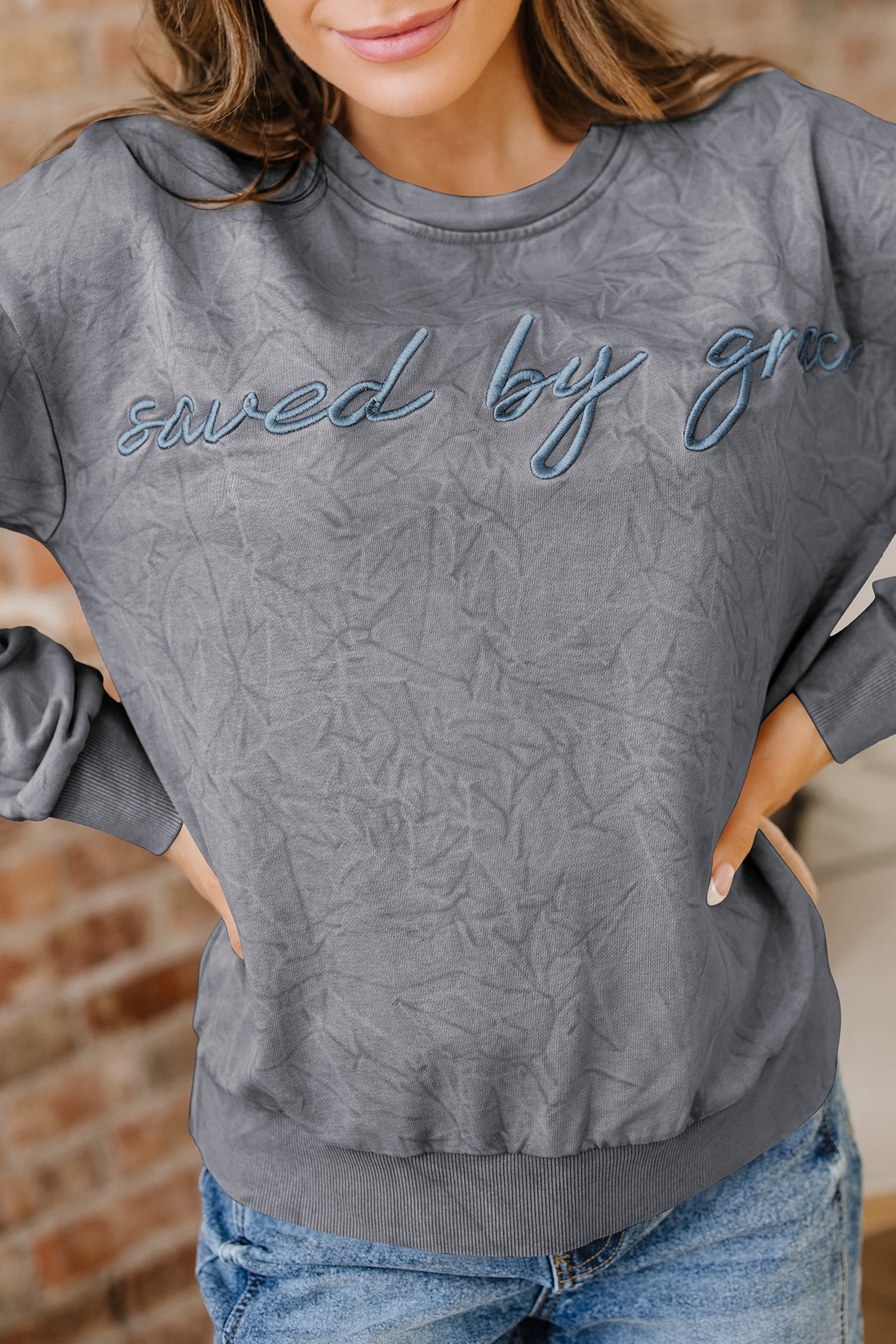High-Rise Saved By Grace Letter Embroidery Mineral Wash Loose Sweatshirt-Tops/Sweatshirts & Hoodies-[Adult]-[Female]-2022 Online Blue Zone Planet