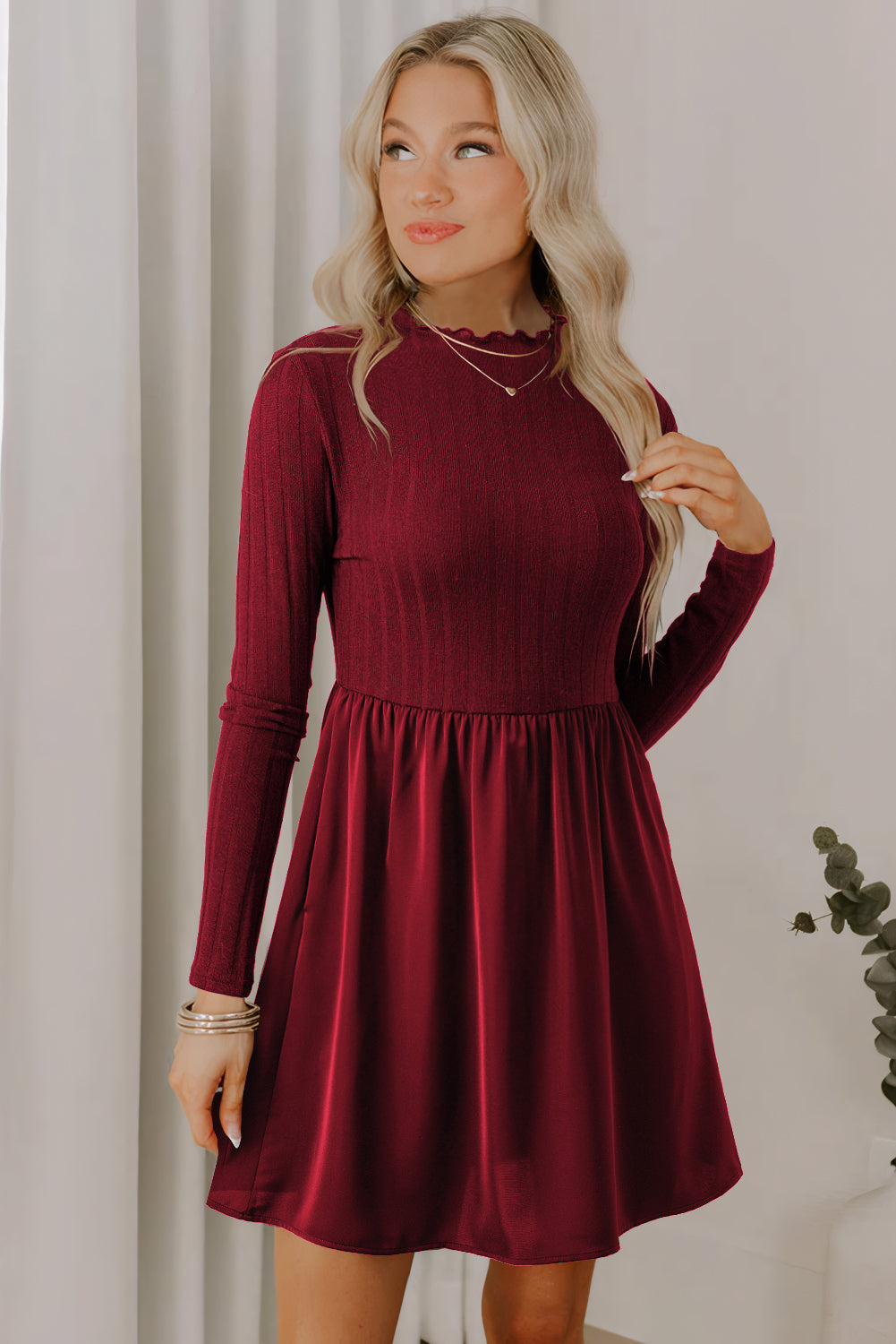Red Dahlia Frilled Neck Ribbed Knit Patchwork Long Sleeve Mini Dress-TOPS / DRESSES-[Adult]-[Female]-2022 Online Blue Zone Planet
