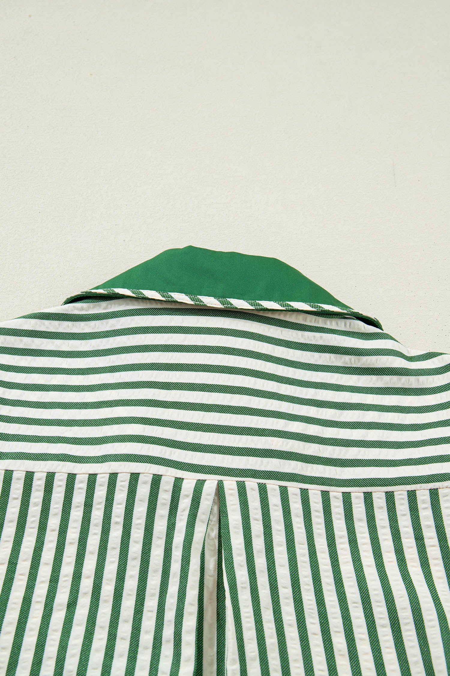 Green Stripe Collared Split Neck Short Bubble Sleeve Blouse-Tops/Blouses & Shirts-[Adult]-[Female]-2022 Online Blue Zone Planet