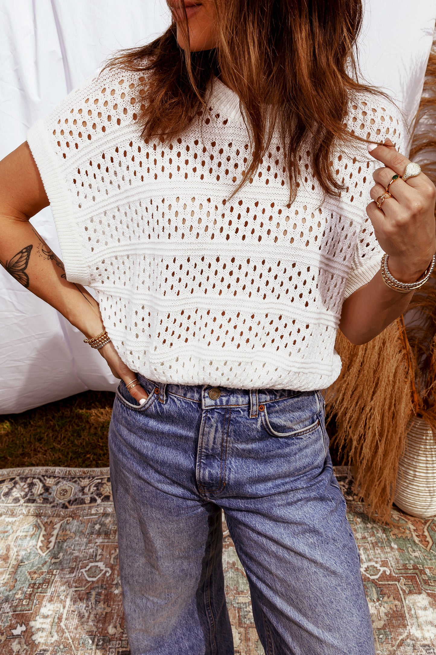 White Hollow Out Knit Round Neck Dolman Sweater-TOPS / DRESSES-[Adult]-[Female]-2022 Online Blue Zone Planet