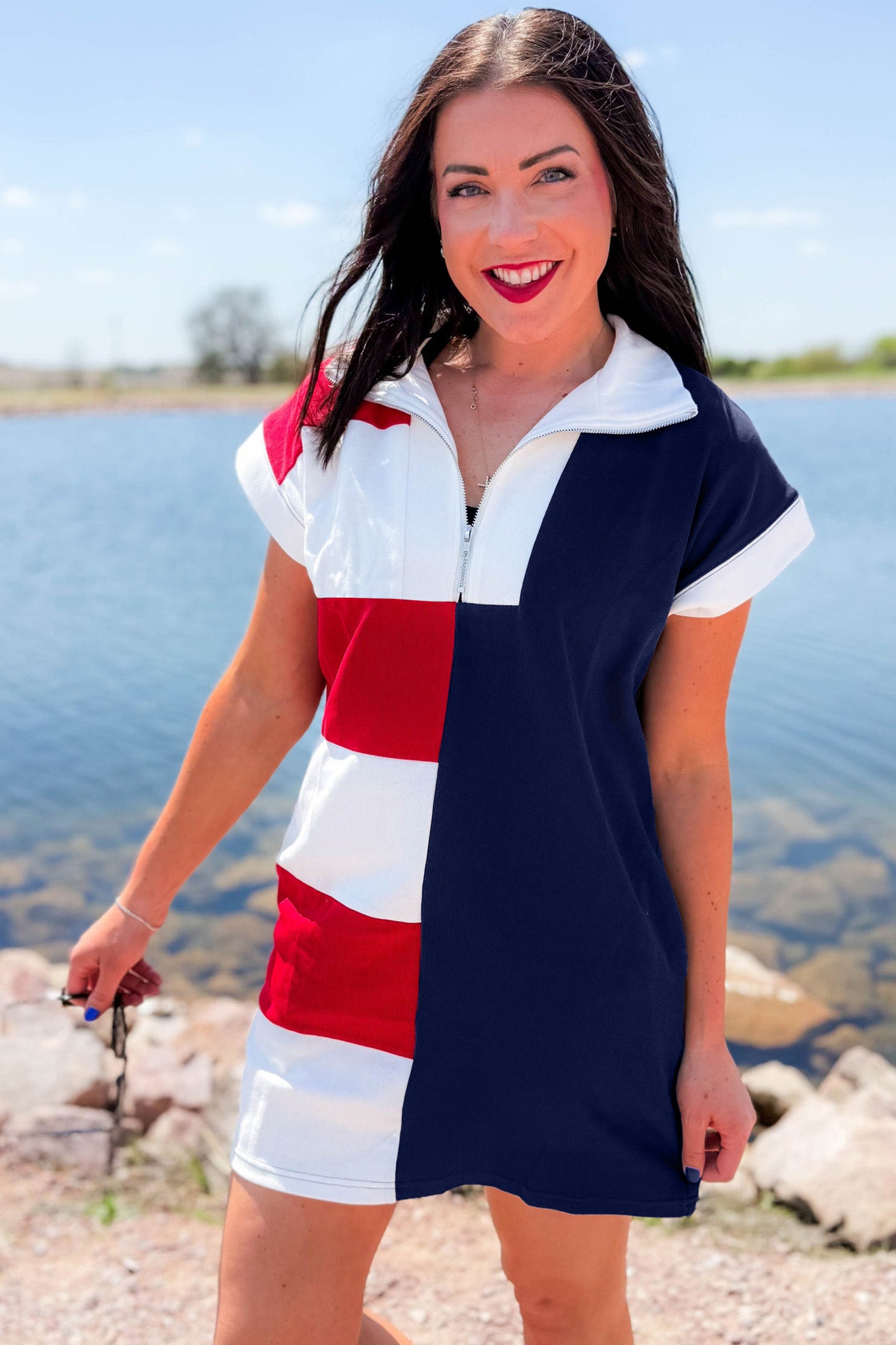 Navy Blue Americana Colorblock Stripes Zip up Collared T Shirt Mini Dress-TOPS / DRESSES-[Adult]-[Female]-2022 Online Blue Zone Planet