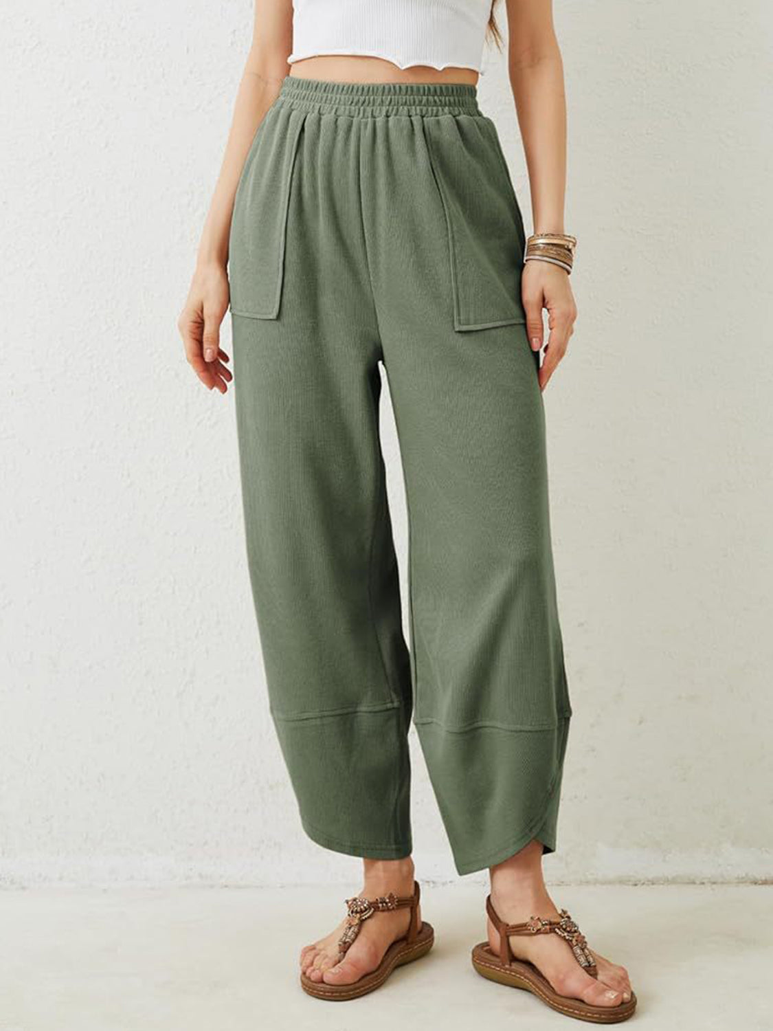 Blue Zone Planet | Lovelet Elastic Waist Wide Leg Pants-BOTTOMS SIZES SMALL MEDIUM LARGE-[Adult]-[Female]-2022 Online Blue Zone Planet