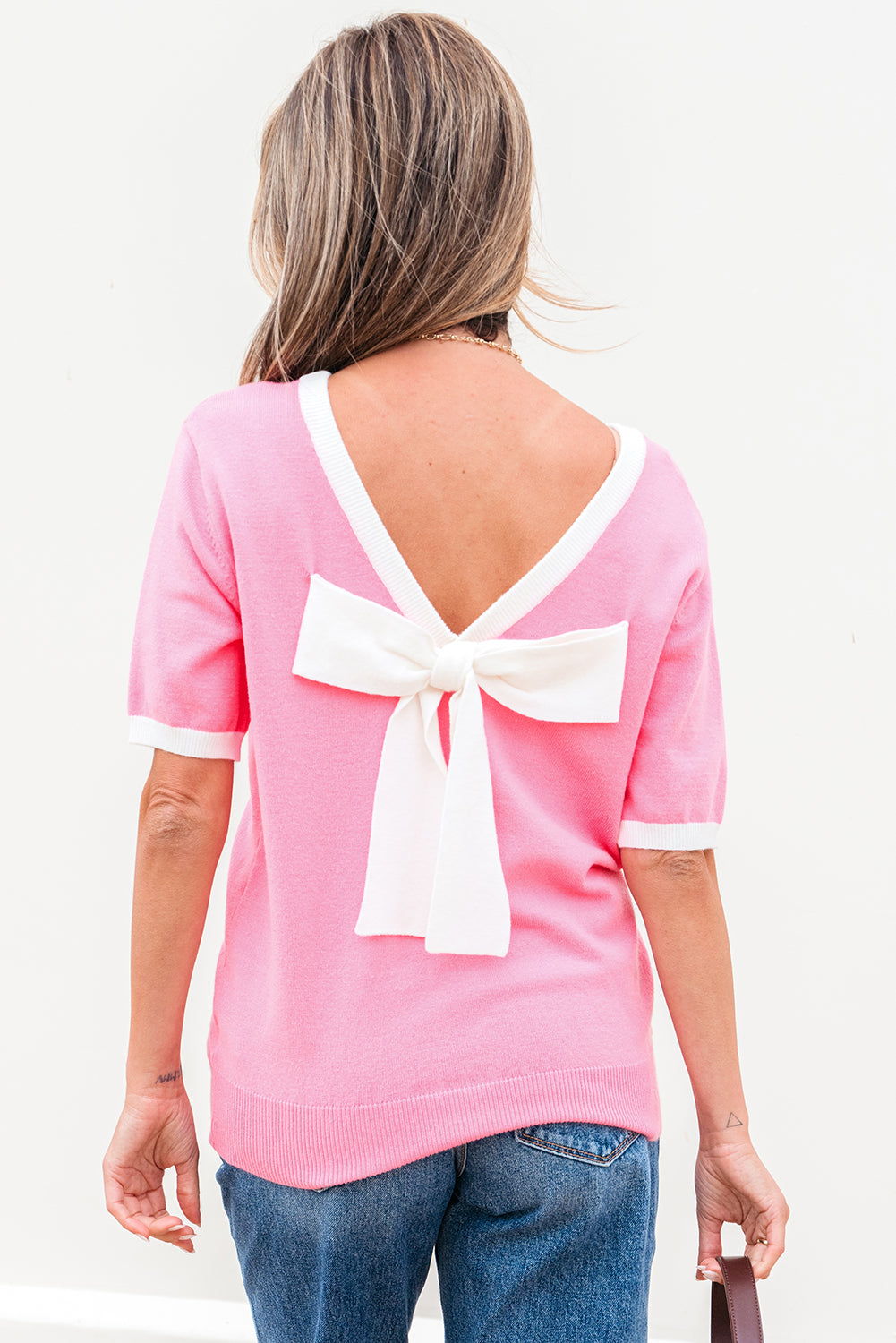 Bonbon Colorblock Bow V-Shape Cut Back Short Sleeve Sweater-TOPS / DRESSES-[Adult]-[Female]-2022 Online Blue Zone Planet