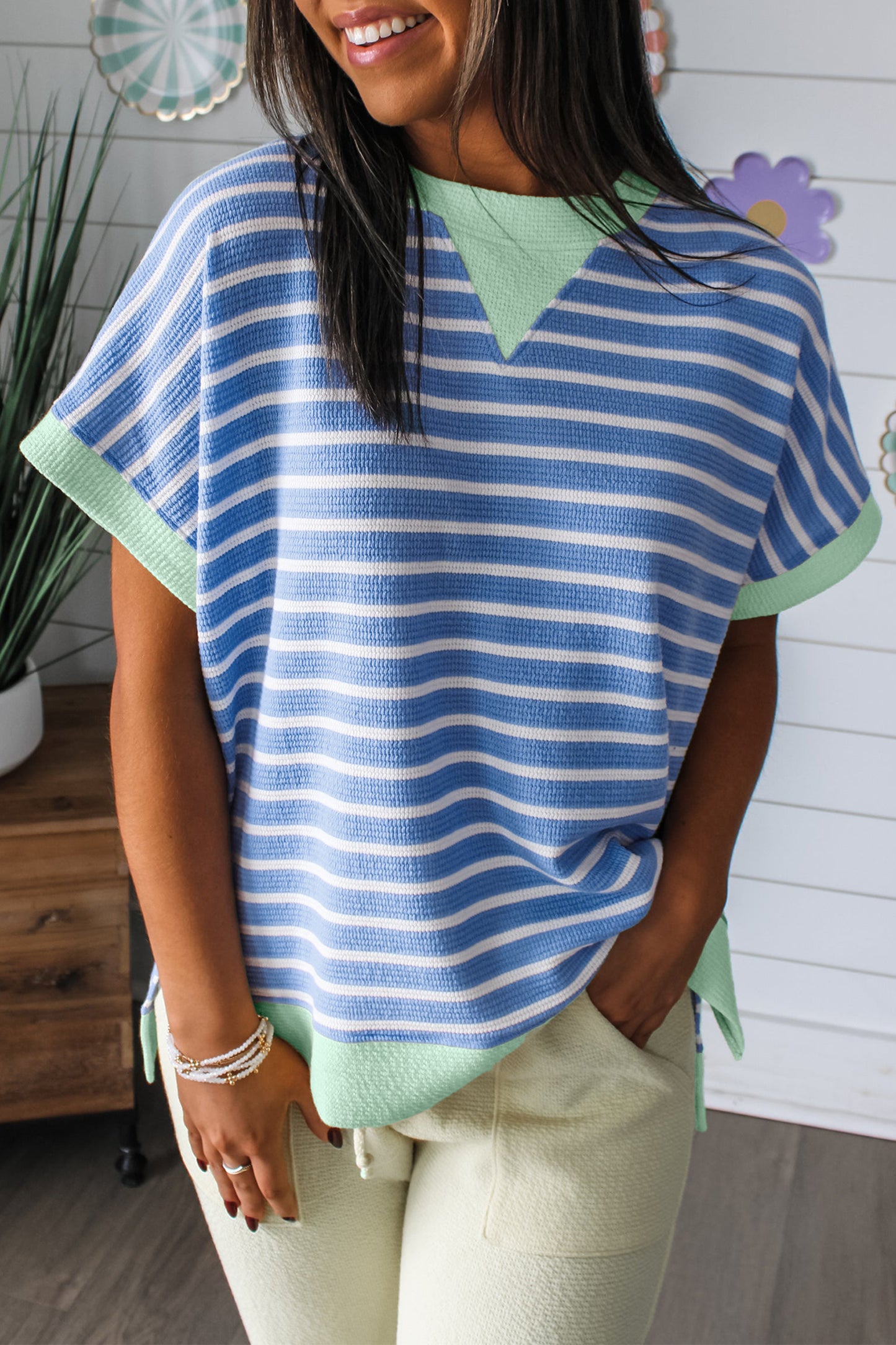 Pink Stripe Contrast Trim Loose Short Sleeve Top-Tops/Tops & Tees-[Adult]-[Female]-Sky Blue Stripe-S-2022 Online Blue Zone Planet