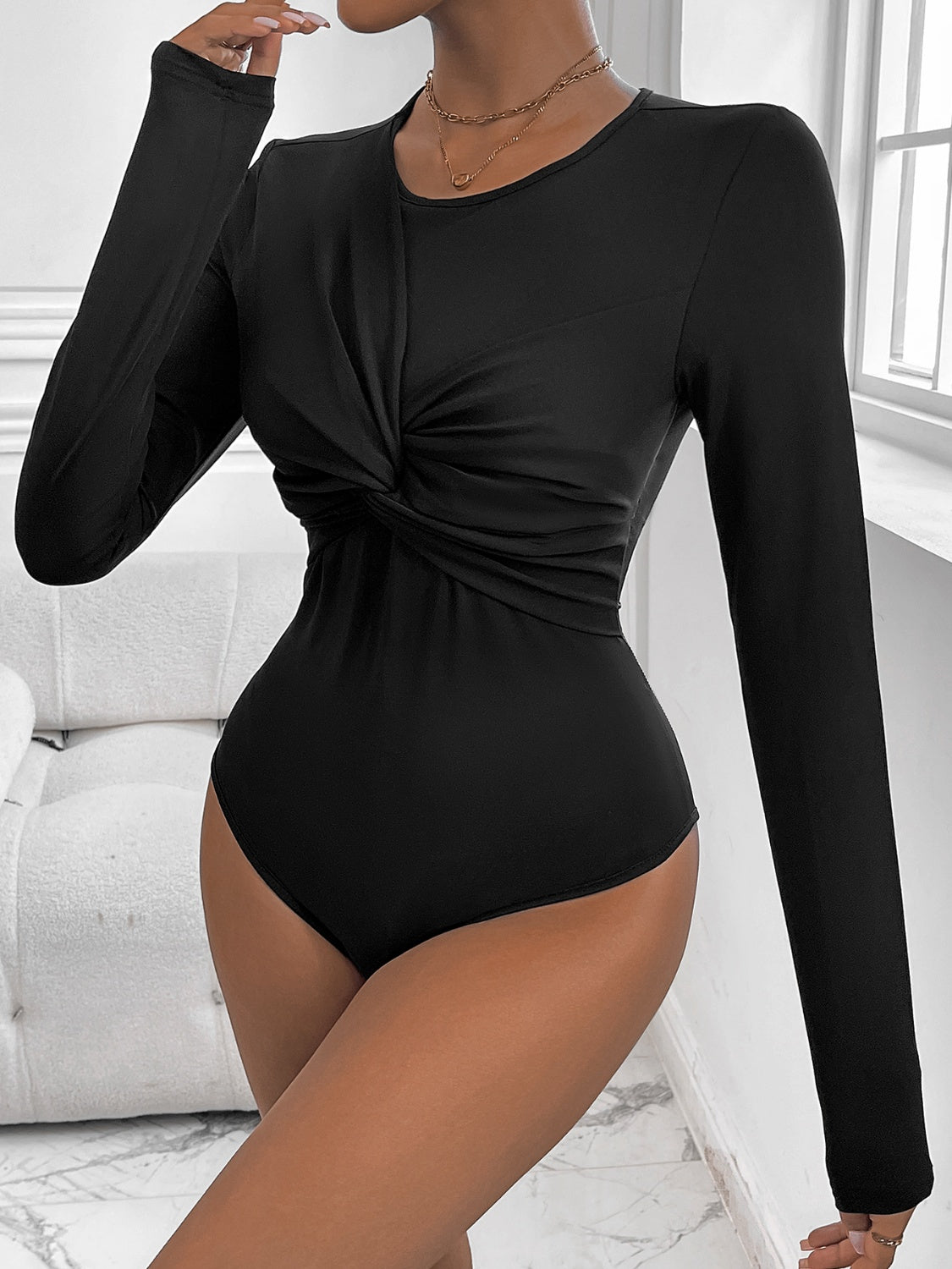 Perfee Twisted Round Neck Long Sleeve Bodysuit-TOPS / DRESSES-[Adult]-[Female]-Black-S-2022 Online Blue Zone Planet