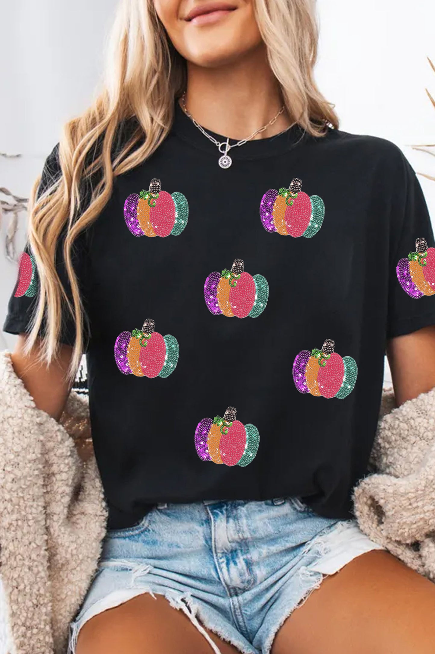 Black Sequined Pumpkin Graphic Round Neck Casual T Shirt-Graphic/Graphic Tees-[Adult]-[Female]-2022 Online Blue Zone Planet