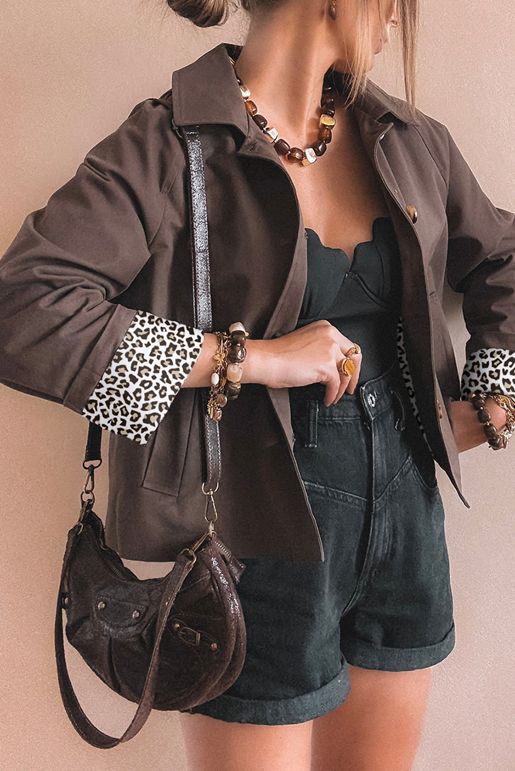 Dark Brown Collared Buttoned Leopard Liner Patchwork Chic Jacket-Outerwear/Jackets-[Adult]-[Female]-Dark Brown-S-2022 Online Blue Zone Planet