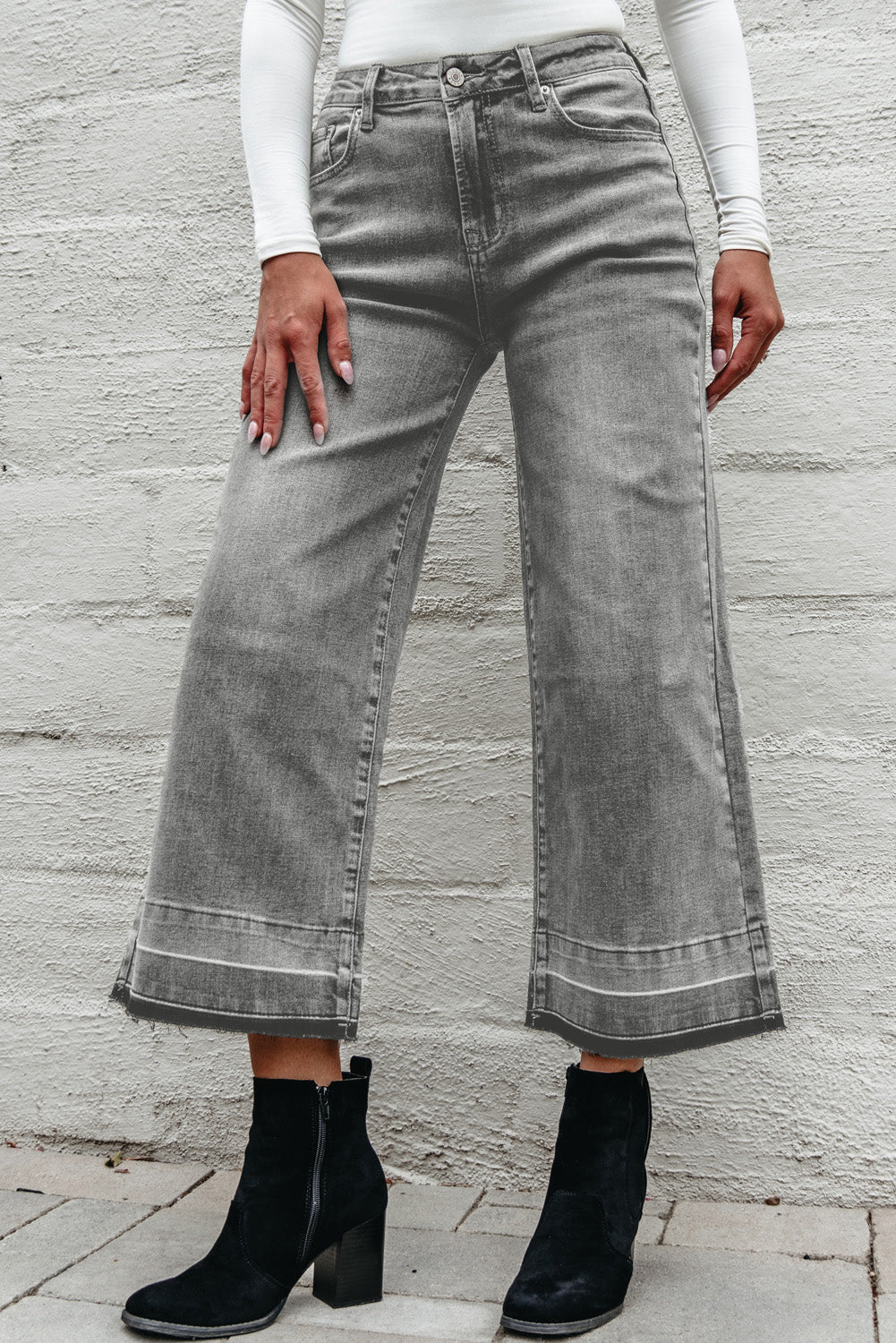 Gray Raw Hem Straight Leg Loose High Waist Jeans-Bottoms/Jeans-[Adult]-[Female]-2022 Online Blue Zone Planet