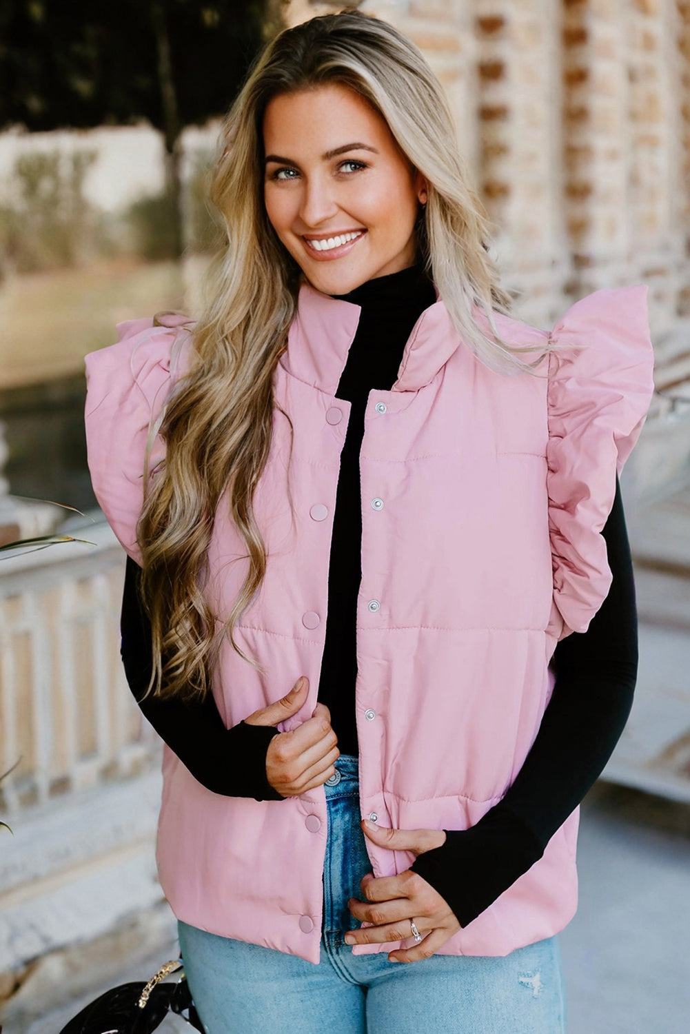Pink Stand Neck Flutter Sleeve Snap Button Puffer Vest-Outerwear/Vests-[Adult]-[Female]-2022 Online Blue Zone Planet