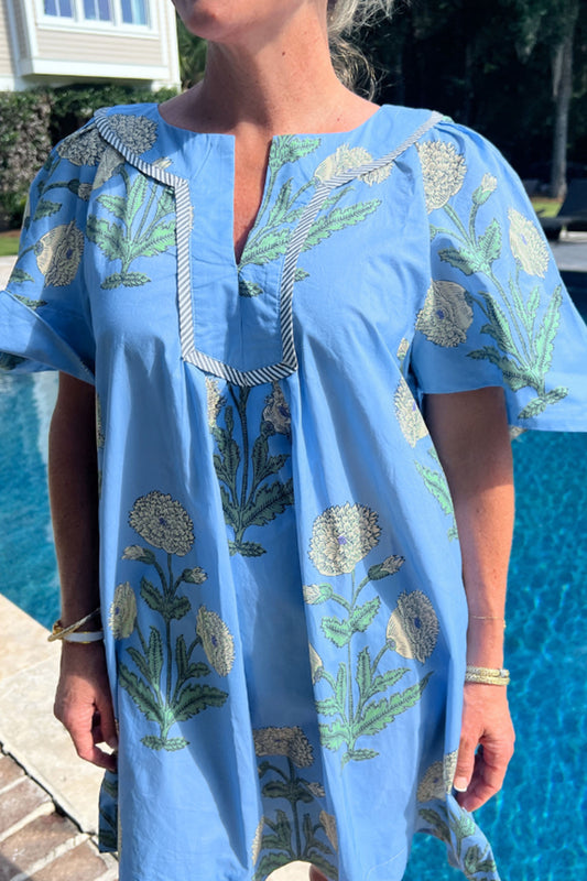 Sky Blue Plus Periwinkle Floral Printed Short Sleeve Striped Trim Split Neck Mini Dress-Plus Size/Plus Size Dresses/Plus Size Mini Dresses-[Adult]-[Female]-Sky Blue-1X-2022 Online Blue Zone Planet