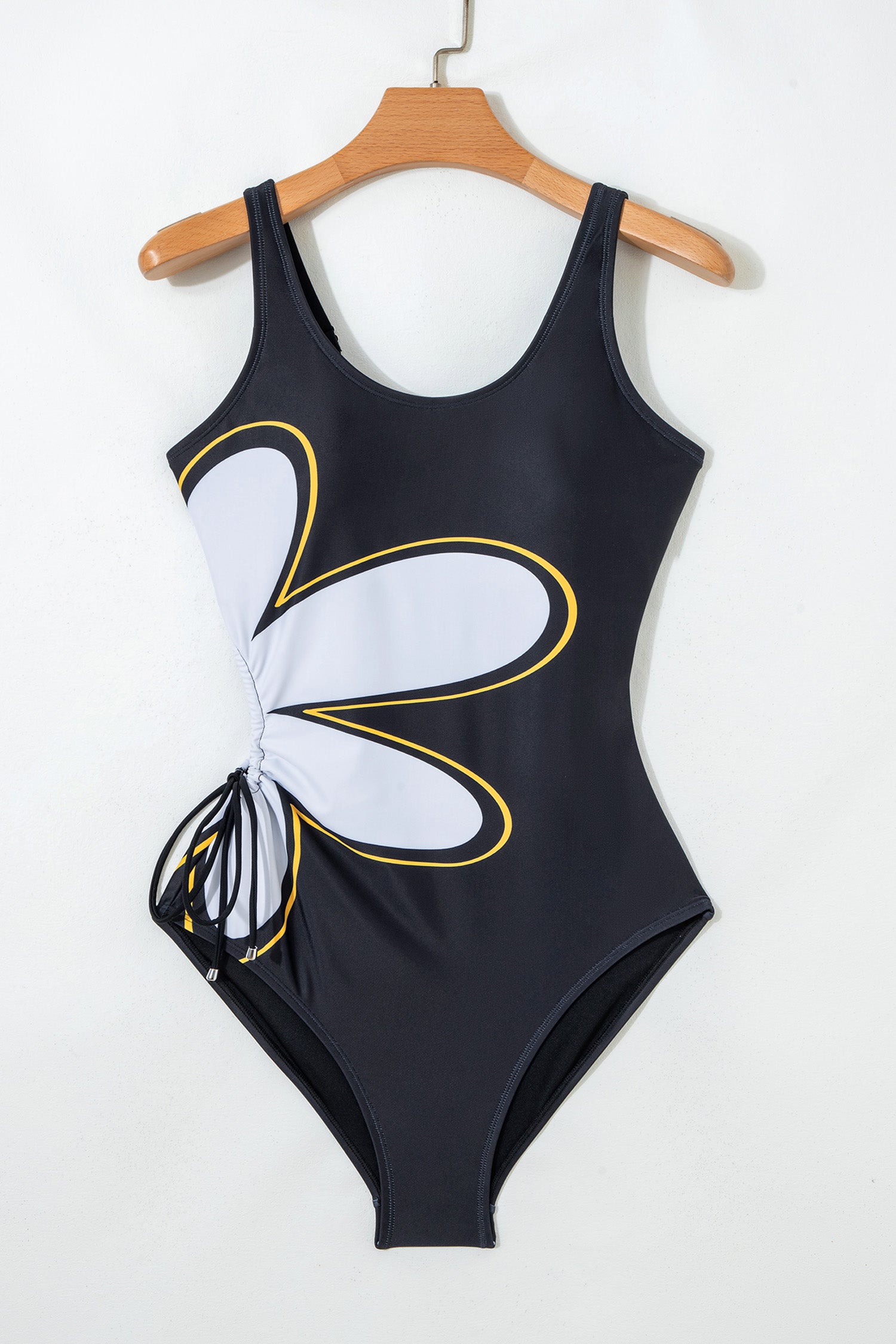 Black Drawstring Big Hole Floral Print Sleeveless One Piece Swimsuit-Swimwear/One Piece Swimsuit-[Adult]-[Female]-2022 Online Blue Zone Planet