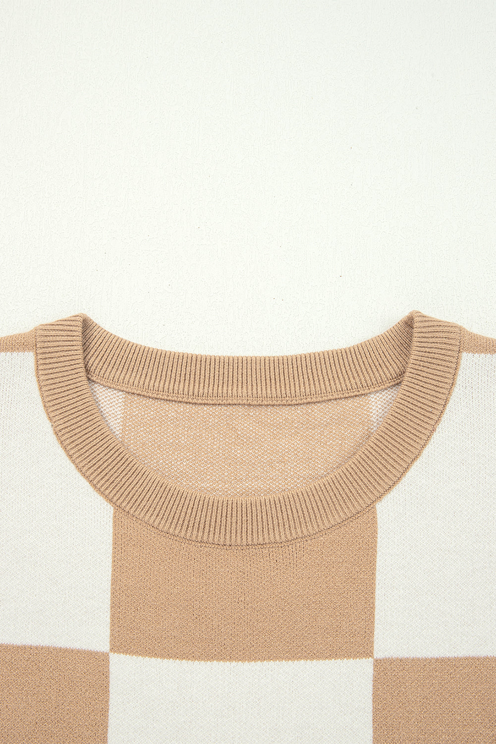 Light French Beige Checkered Pattern Loose Drop Shoulder Half Sleeve Sweater-Sweaters & Cardigans/Short Sleeve Sweaters-[Adult]-[Female]-2022 Online Blue Zone Planet