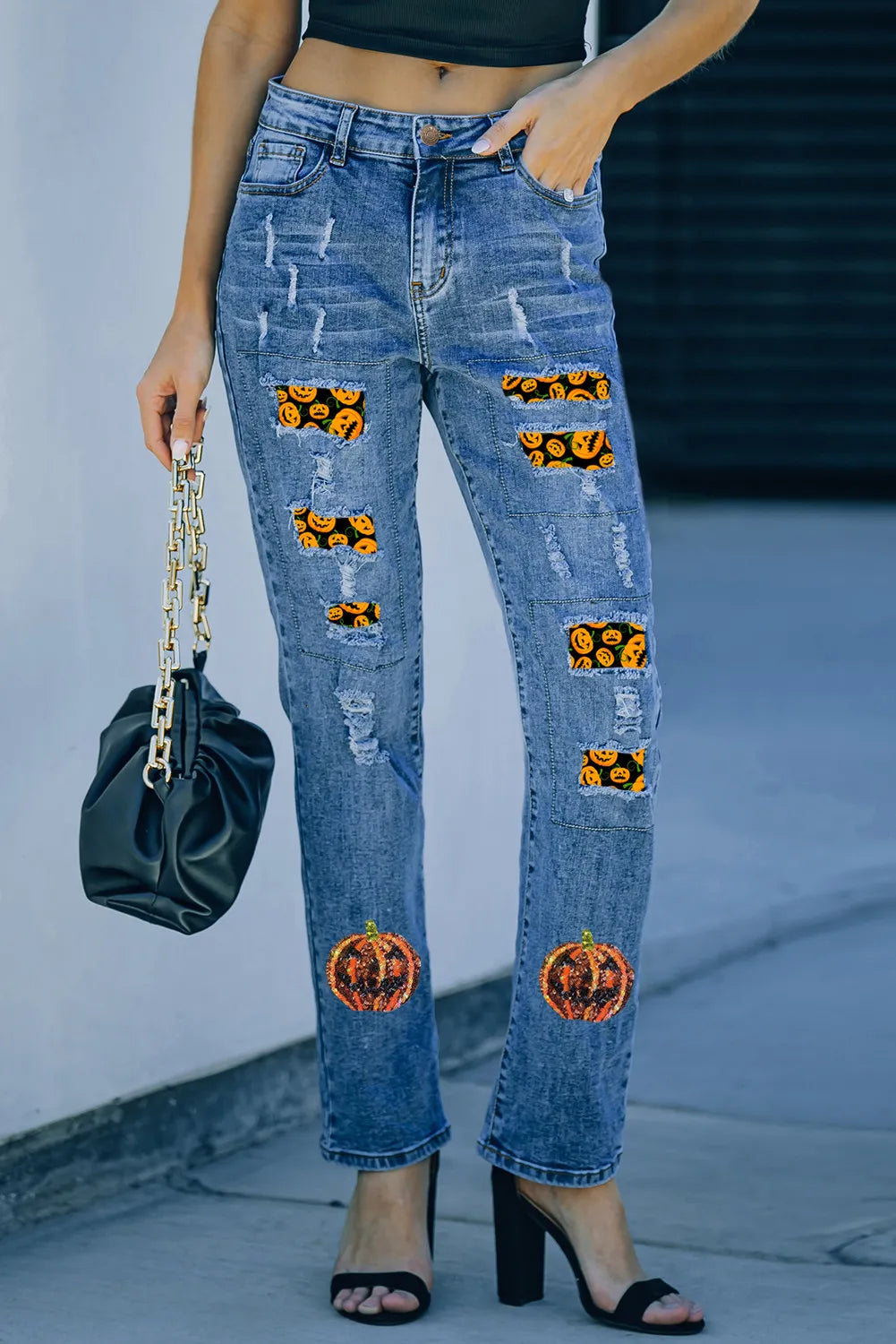 Pumpkin Distressed Straight Jeans-BOTTOMS SIZES SMALL MEDIUM LARGE-[Adult]-[Female]-Medium-4-2022 Online Blue Zone Planet