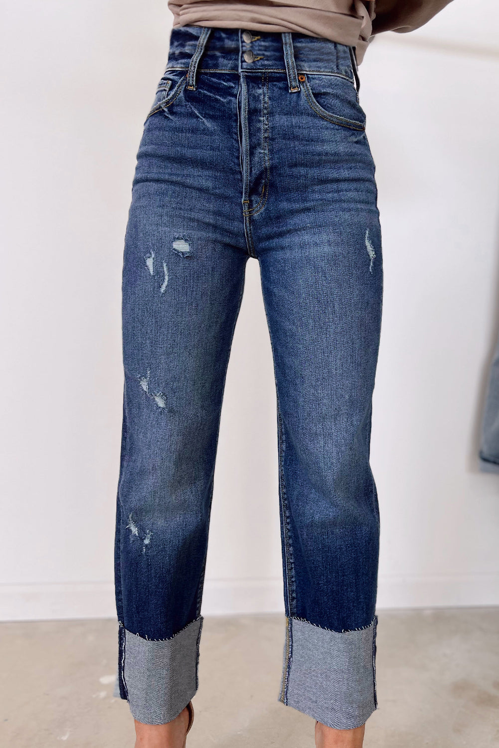 Blue-2 High Waist Distressed Straight Leg Jeans-Bottoms/Jeans-[Adult]-[Female]-2022 Online Blue Zone Planet