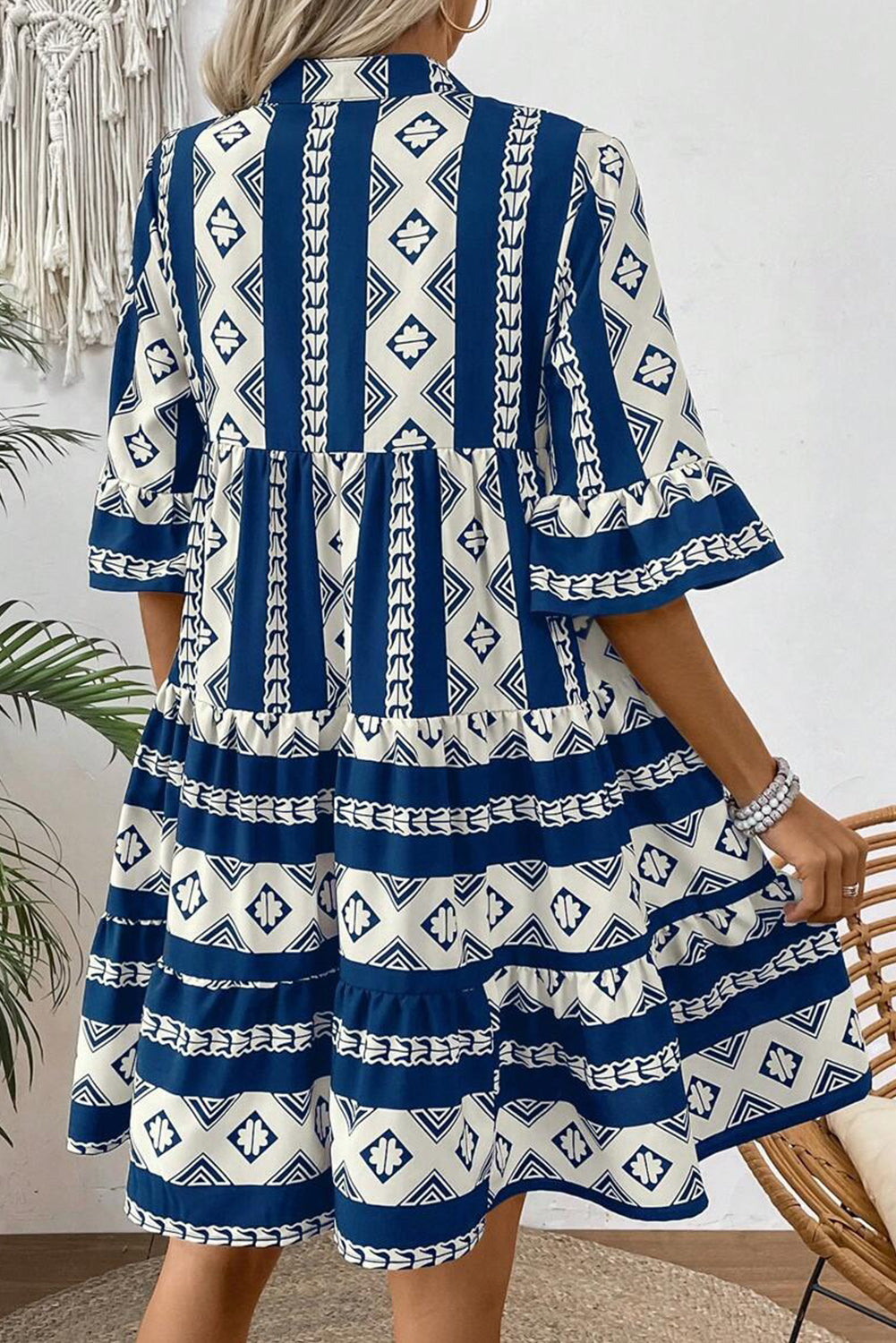 Blue Geometric Print V Neck Ruffled Dress-Dresses/Mini Dresses-[Adult]-[Female]-2022 Online Blue Zone Planet