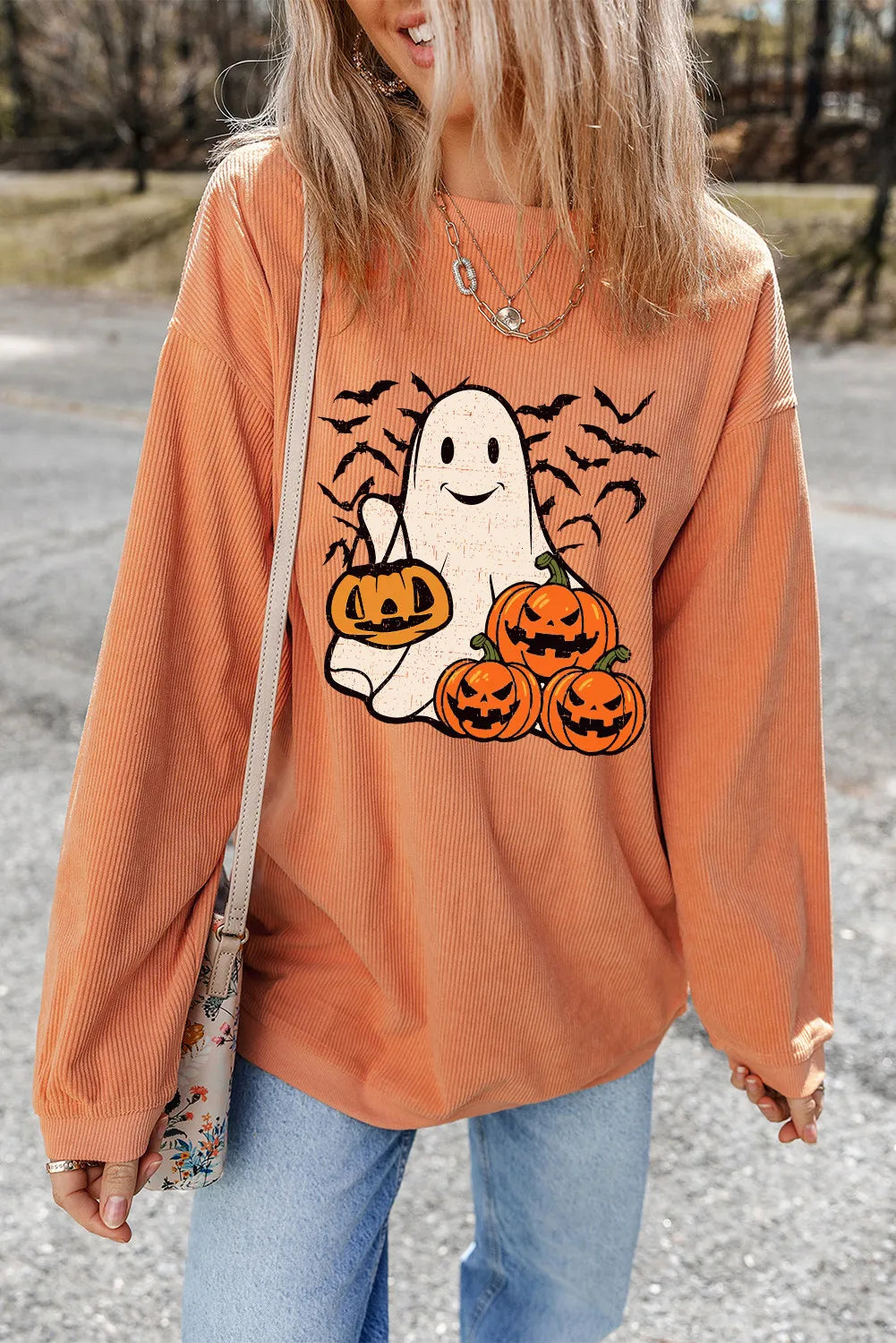 Jack-O'-Lantern Round Neck Long Sleeve Sweatshirt-TOPS / DRESSES-[Adult]-[Female]-Sherbet-S-2022 Online Blue Zone Planet