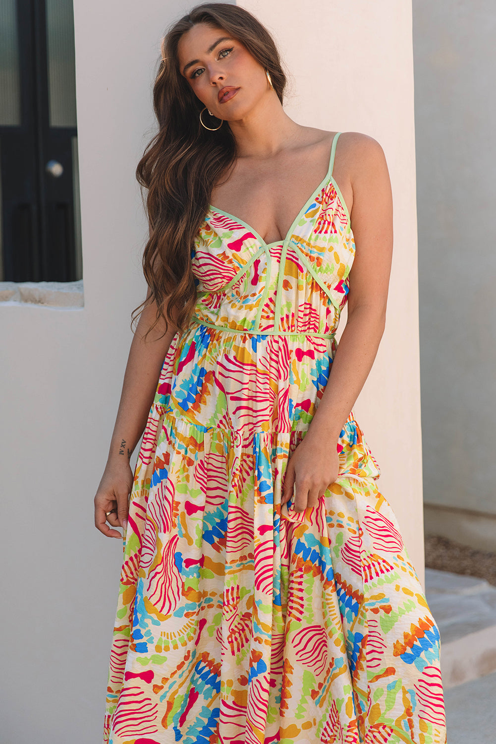 Orange Abstract Print Spaghetti Strap Piping Detail Maxi Dres-Dresses/Maxi Dresses-[Adult]-[Female]-2022 Online Blue Zone Planet