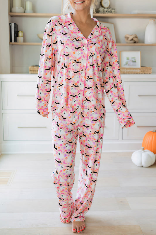 Pink Halloween Eve Haunted Honey Bat Print Pajama Set-Loungewear & Sleepwear/Sleepwear-[Adult]-[Female]-Pink-S-2022 Online Blue Zone Planet