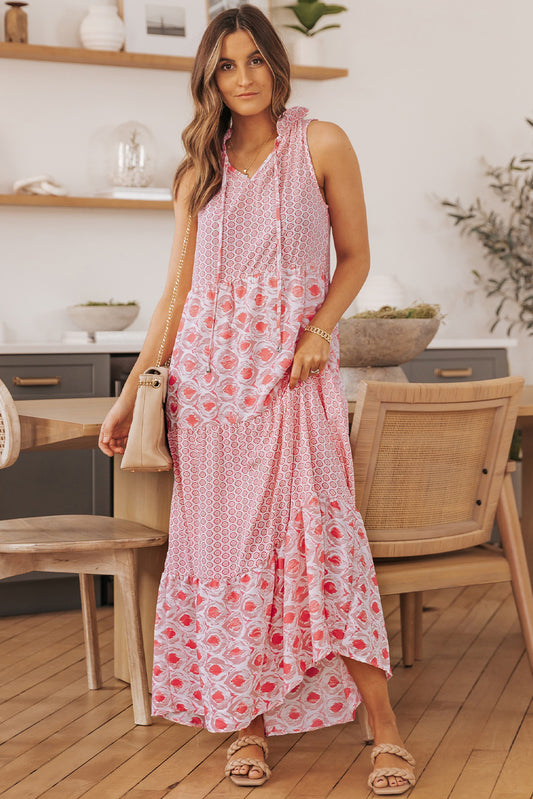 Blue Zone Planet |  Pink Abstract Print Split Neck Sleeveless Maxi Dress