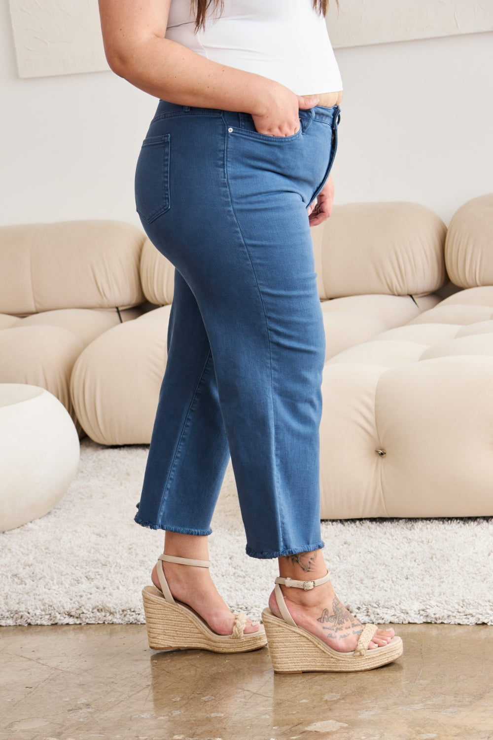 RFM Crop Chloe Full Size Tummy Control High Waist Raw Hem Jeans-BOTTOM SIZES SMALL MEDIUM LARGE-[Adult]-[Female]-2022 Online Blue Zone Planet