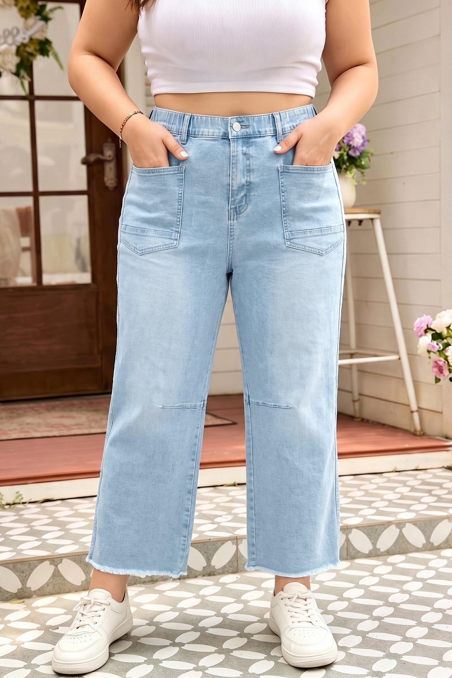 Beau Blue Plus Size Seam Detail Patch Pocket Raw Cut Shift Jeans-Plus Size/Plus Size Bottoms-[Adult]-[Female]-2022 Online Blue Zone Planet