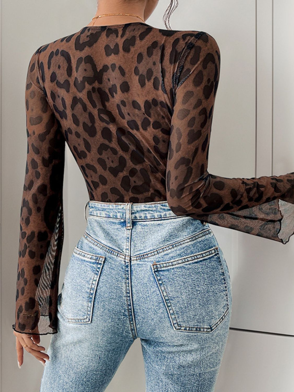 Perfee Leopard V-Neck Lace Bodysuit-TOPS / DRESSES-[Adult]-[Female]-2022 Online Blue Zone Planet