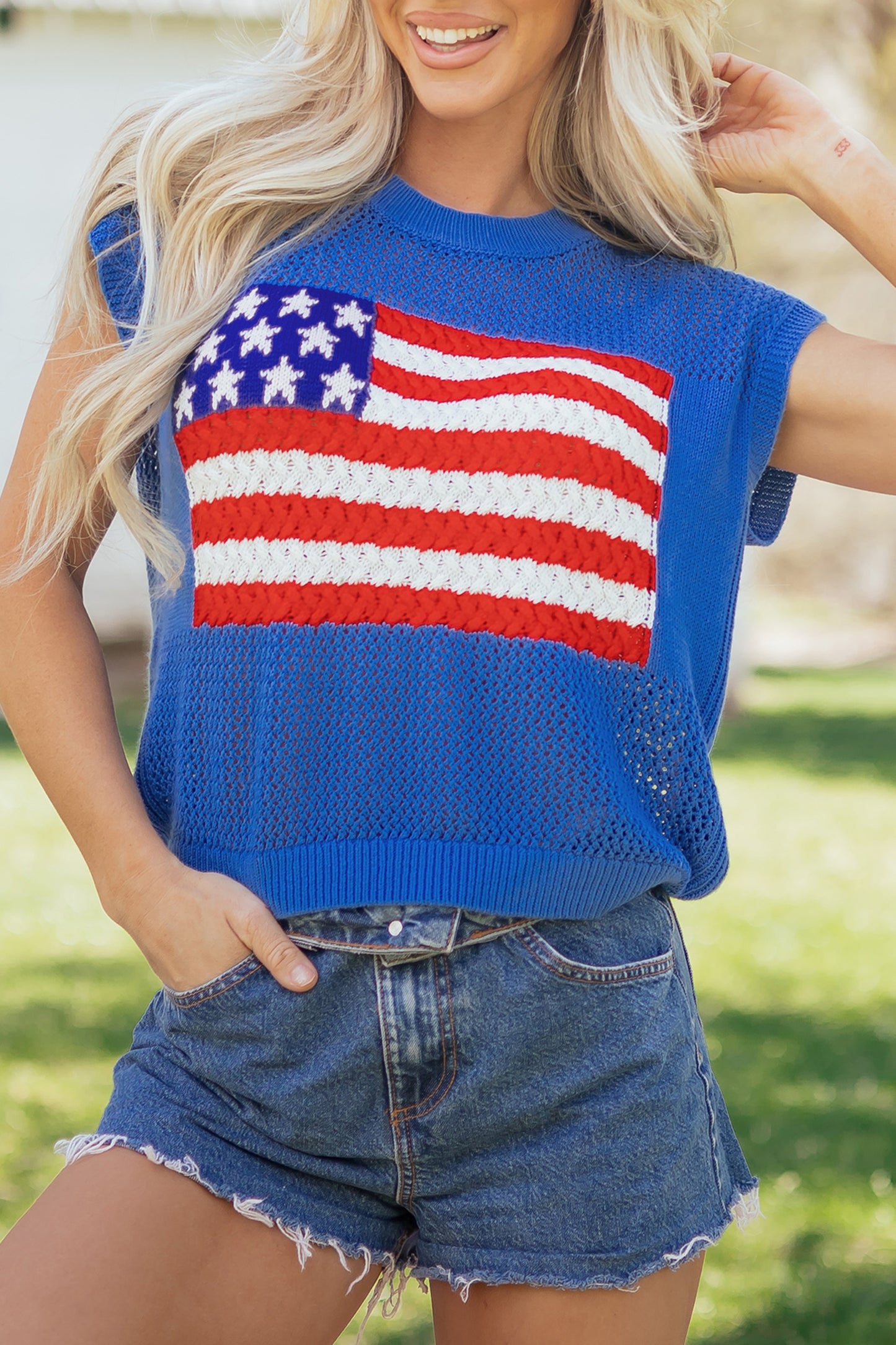 Sky Blue Flag Graphic Short Sleeve Sweater Top-TOPS / DRESSES-[Adult]-[Female]-2022 Online Blue Zone Planet