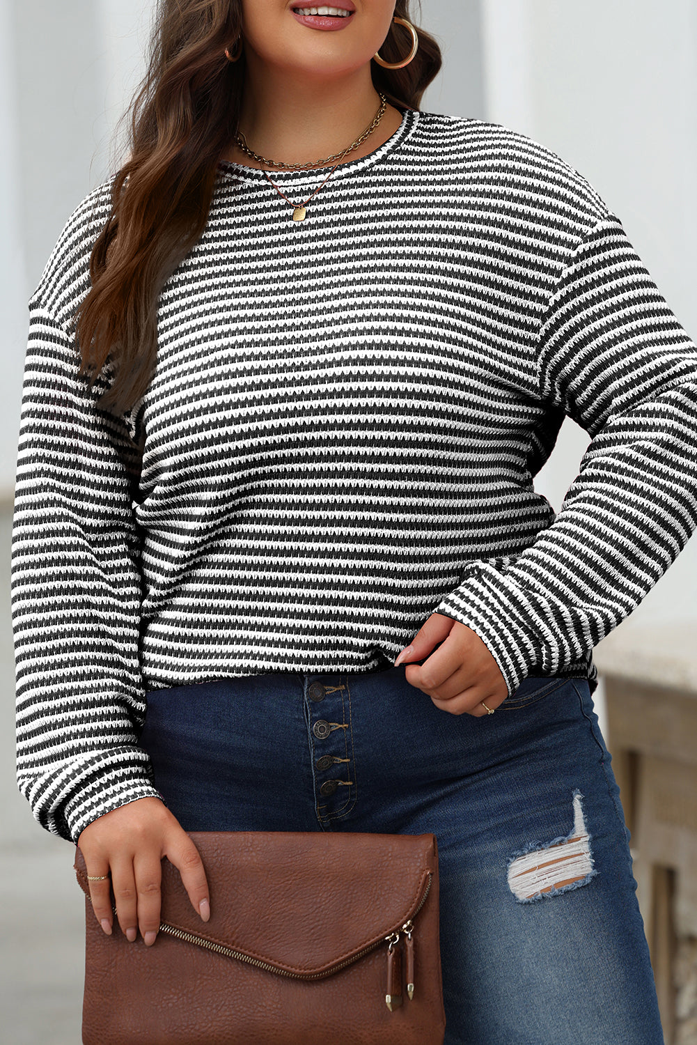 Rose Stripe Round Neck Drop Shoulder Long Sleeve Top-Tops/Long Sleeve Tops-[Adult]-[Female]-2022 Online Blue Zone Planet