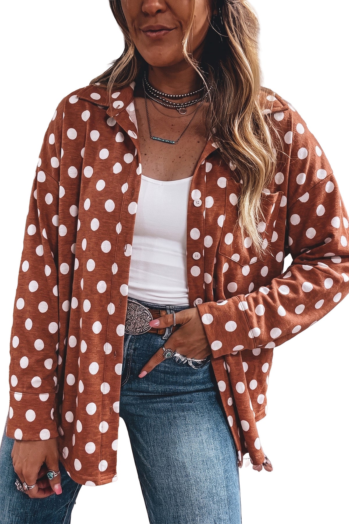 Brown Polka Dot Long Sleeve Collared Tunic Shirts-Tops/Blouses & Shirts-[Adult]-[Female]-2022 Online Blue Zone Planet