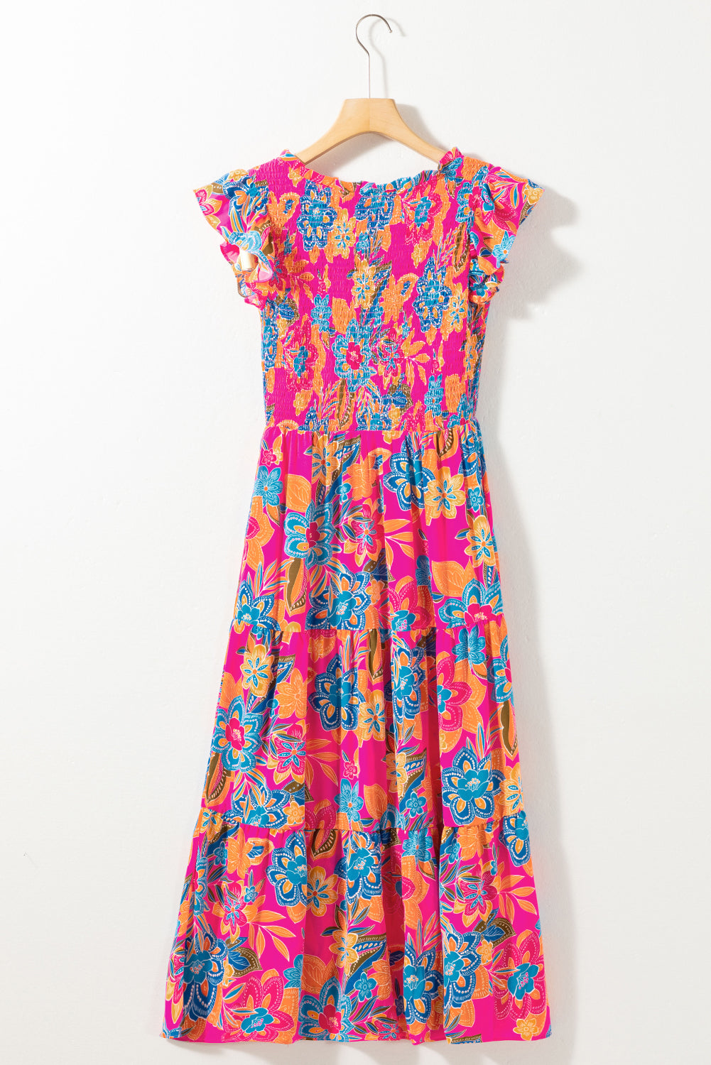 Blue Zone Planet |  Rose Red Boho Floral V Neck Ruffle Tiered Long Dress Blue Zone Planet