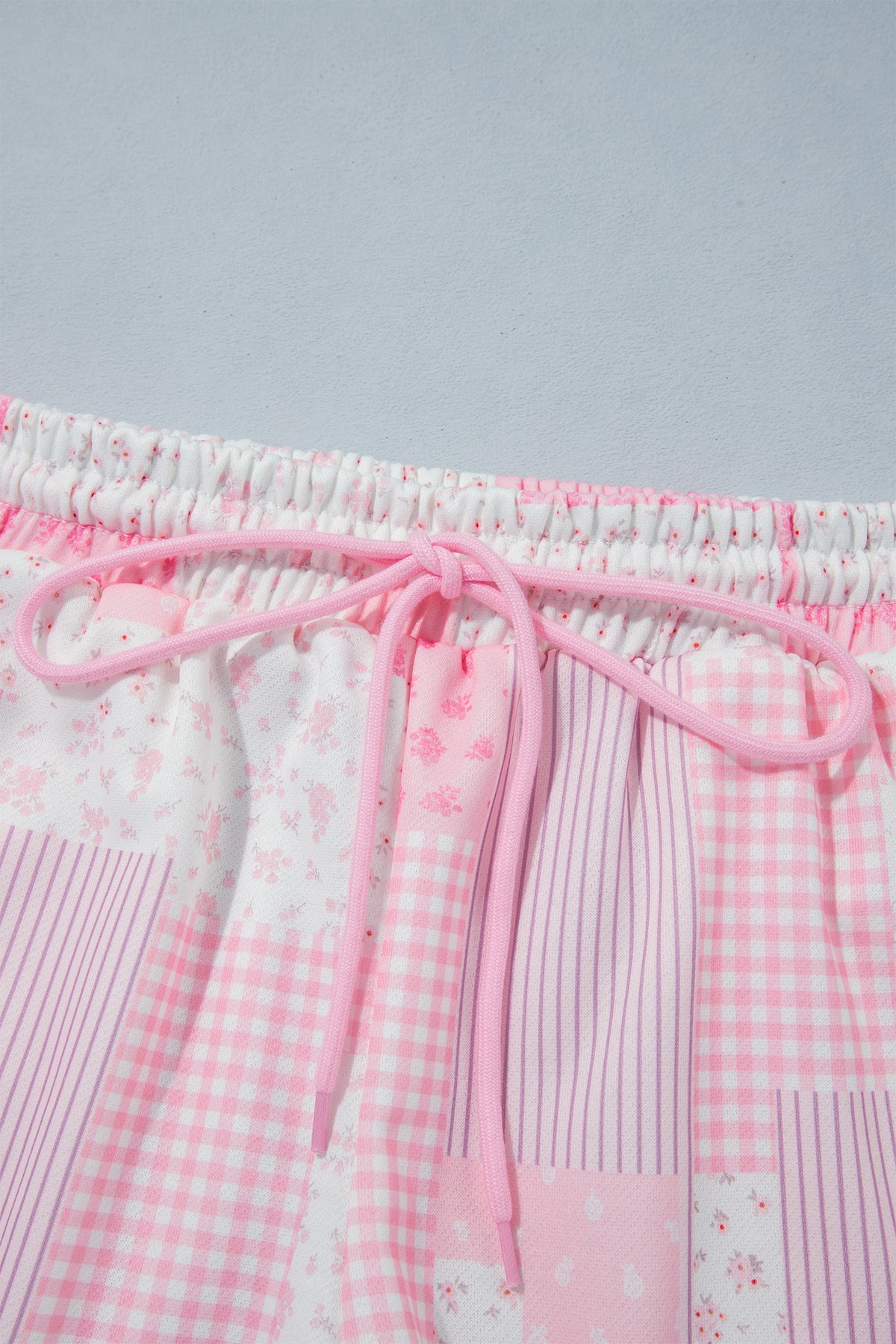 Light Pink Patchwork Floral Print Drop Shoulder Baggy Pullover Drawstring Shorts Set-Two Piece Sets/Short Sets-[Adult]-[Female]-2022 Online Blue Zone Planet