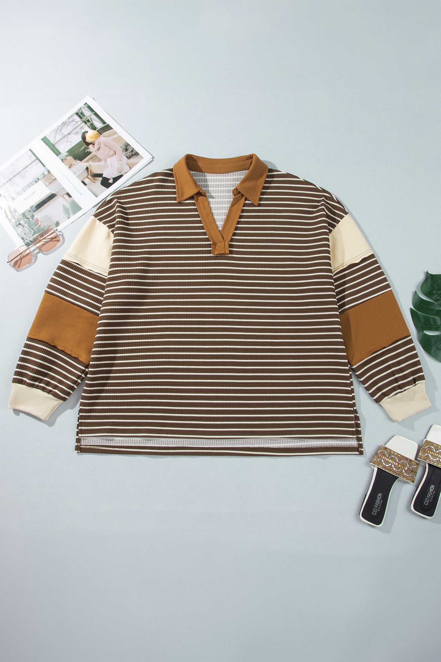 Brown Stripe Colorblock Detail Collar V Neck Plus Size Long Sleeve Top-Plus Size/Plus Size Tops/Plus Size Long Sleeve Tops-[Adult]-[Female]-2022 Online Blue Zone Planet