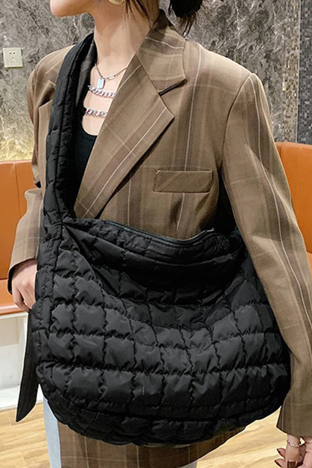 Black Quilted Zipper Large Shoulder Bag-Shoes & Bags/Shoulder Bags-[Adult]-[Female]-2022 Online Blue Zone Planet