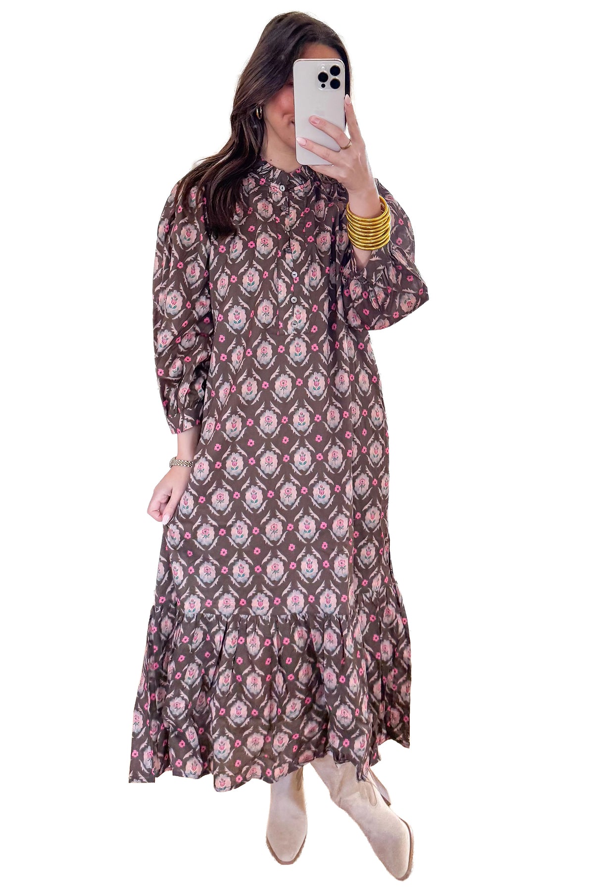 Brown Floral Print Button Front Ruffle Hem Midi Dress-TOPS / DRESSES-[Adult]-[Female]-2022 Online Blue Zone Planet
