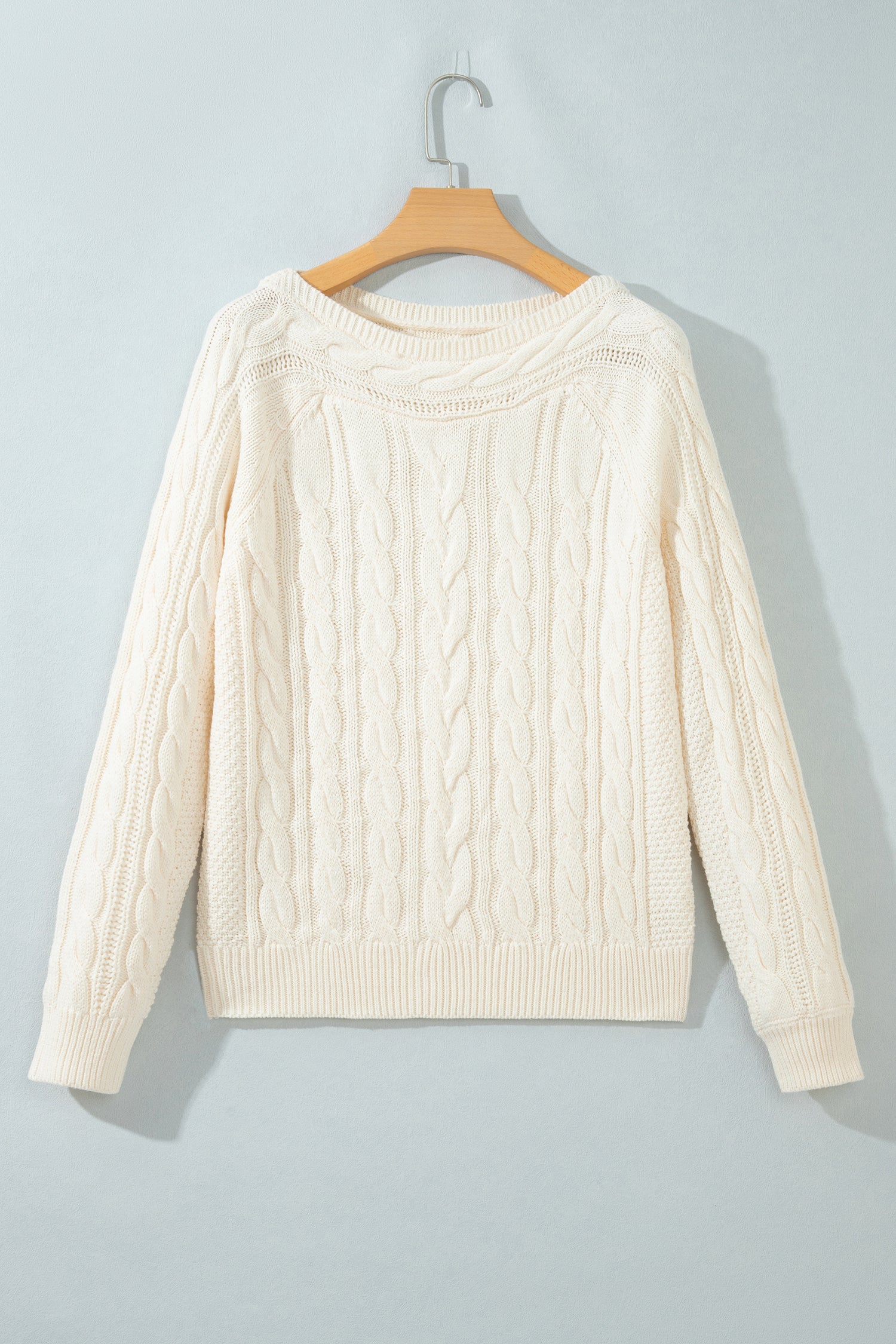 Beige Drop Shoulder Round Neck Cable Knit Sweater-TOPS / DRESSES-[Adult]-[Female]-2022 Online Blue Zone Planet