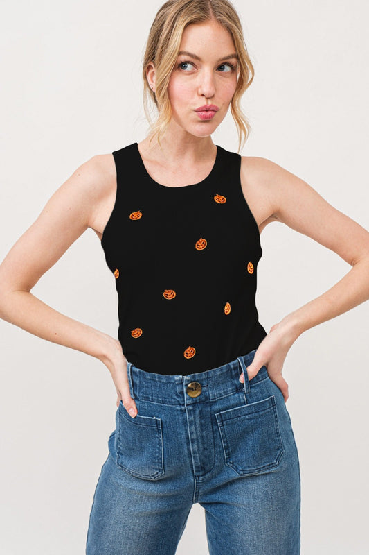 Blue Zone Planet | And The Why Jack O' Lantern Embroidered Ribbed Tank-TOPS / DRESSES-[Adult]-[Female]-Black-S-2022 Online Blue Zone Planet