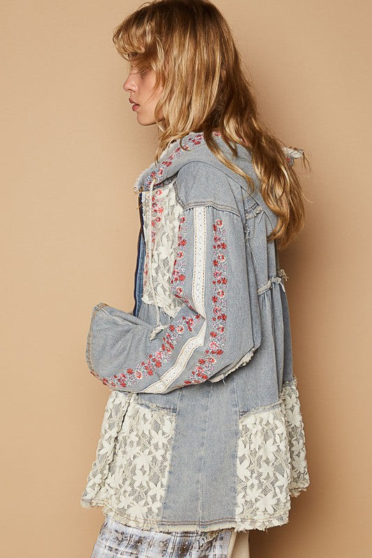 POL Embroidered Lace Patch Zip Up Hooded Jacket-TOPS / DRESSES-[Adult]-[Female]-2022 Online Blue Zone Planet